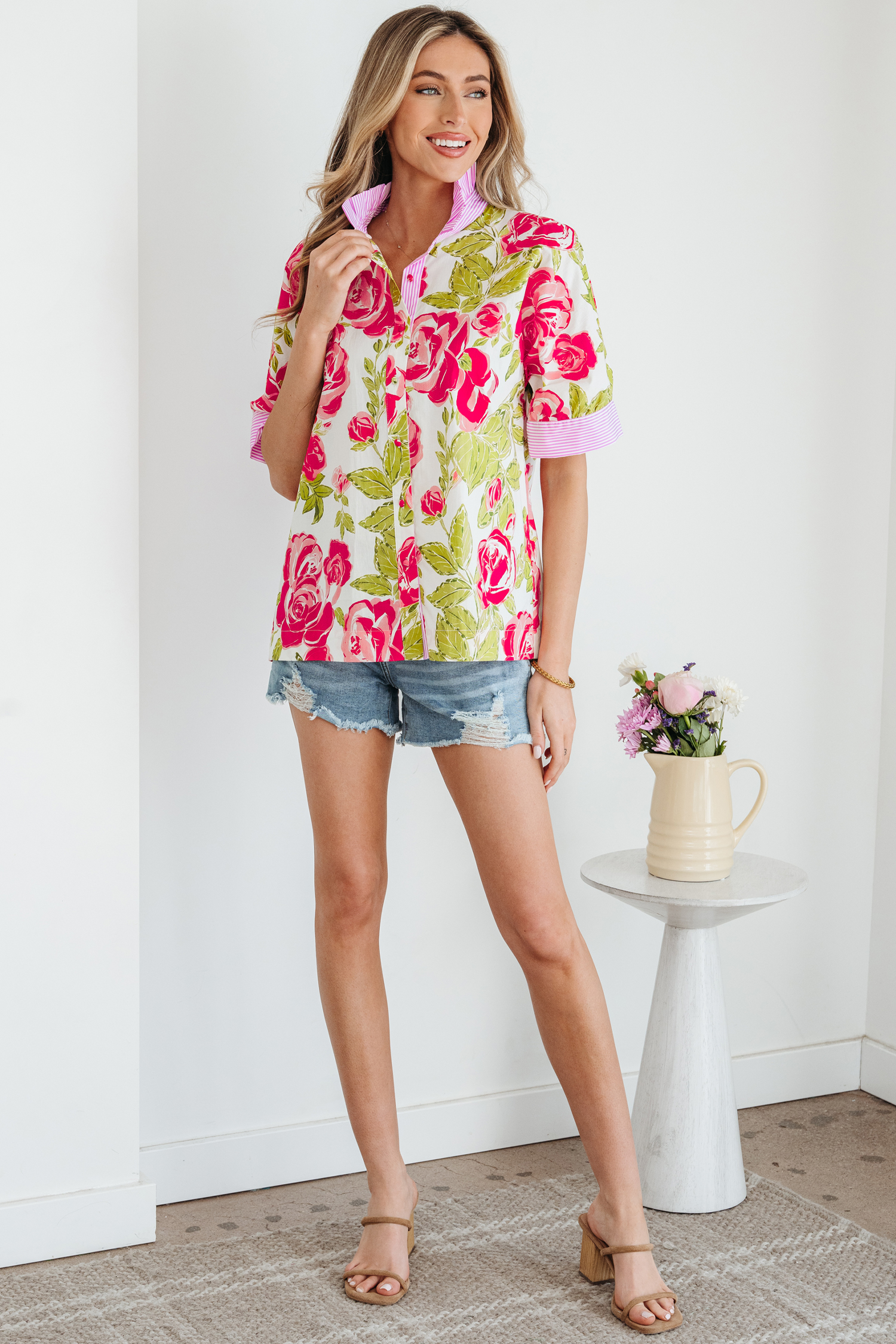 Pink Flower Print Striped Trim Frilled Collar Short Sleeve Shirt view 4