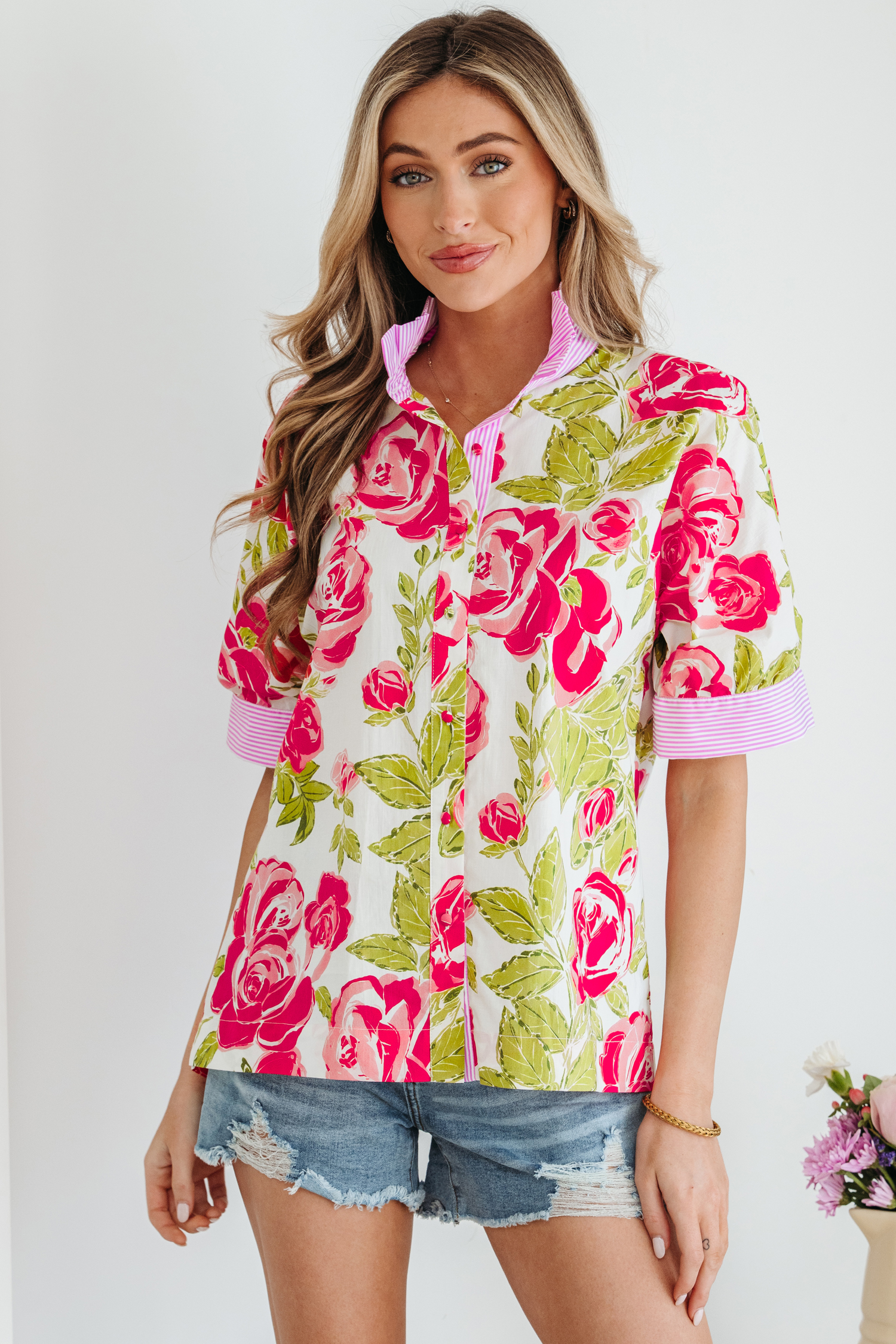 Pink Flower Print Striped Trim Frilled Collar Short Sleeve Shirt view 5
