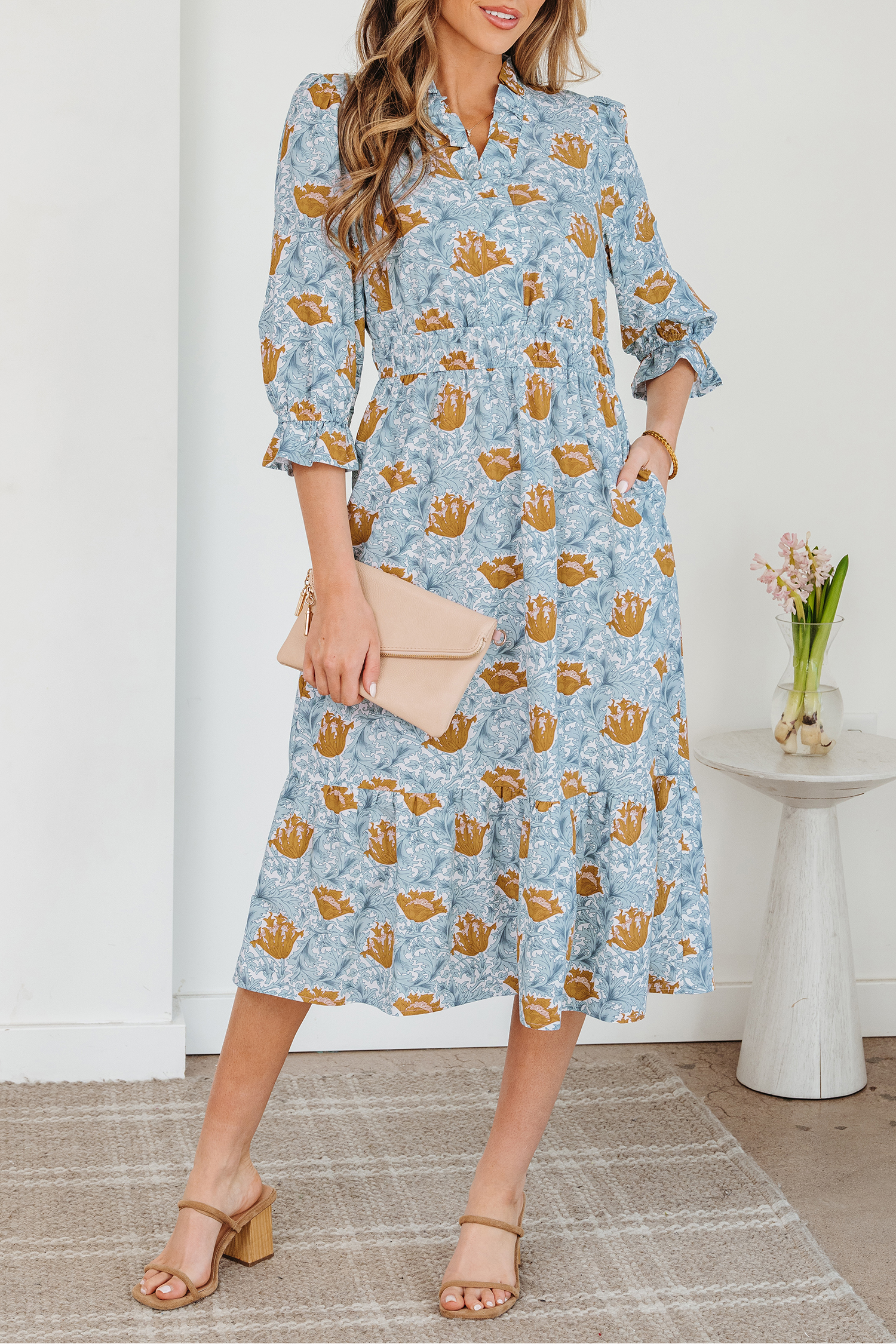 Brown Floral Printed Frilled V Neck Bracelet Sleeve Long Dress view 12