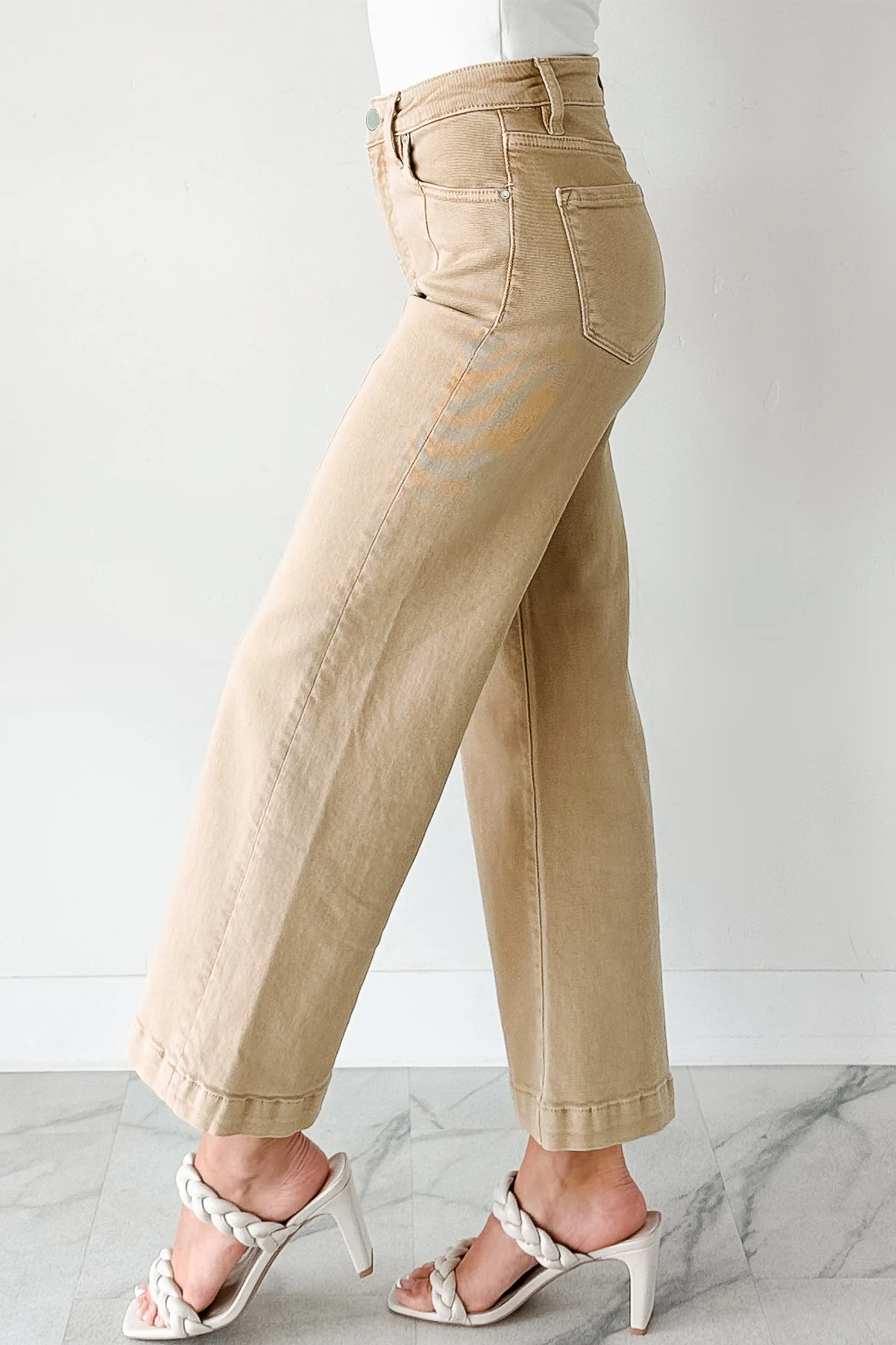 Apricot Solid Color Seamed Center Wide Leg Cropped Jeans view 5