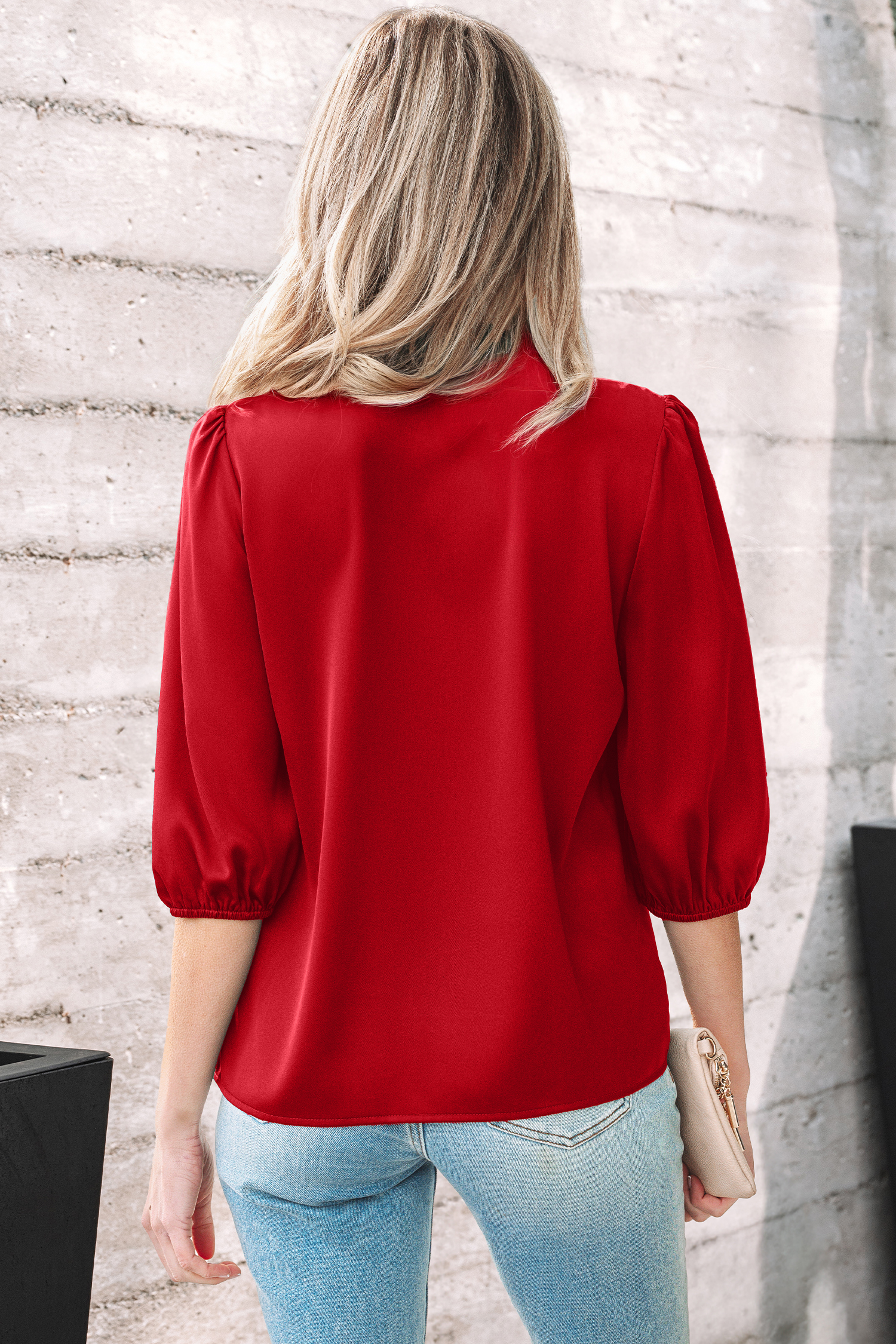 Fiery Red Solid Color Frilled V Neck Bow Detail 3/4 Sleeve Blouse view 6