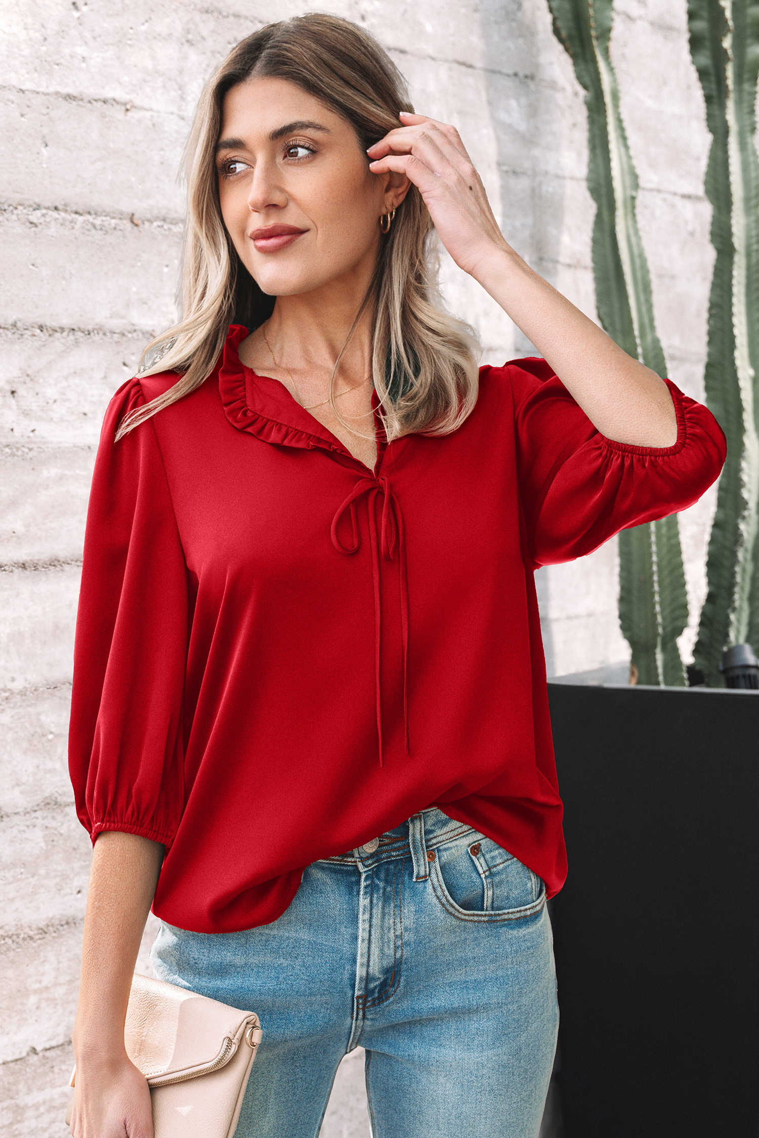 Fiery Red Solid Color Frilled V Neck Bow Detail 3/4 Sleeve Blouse view 9