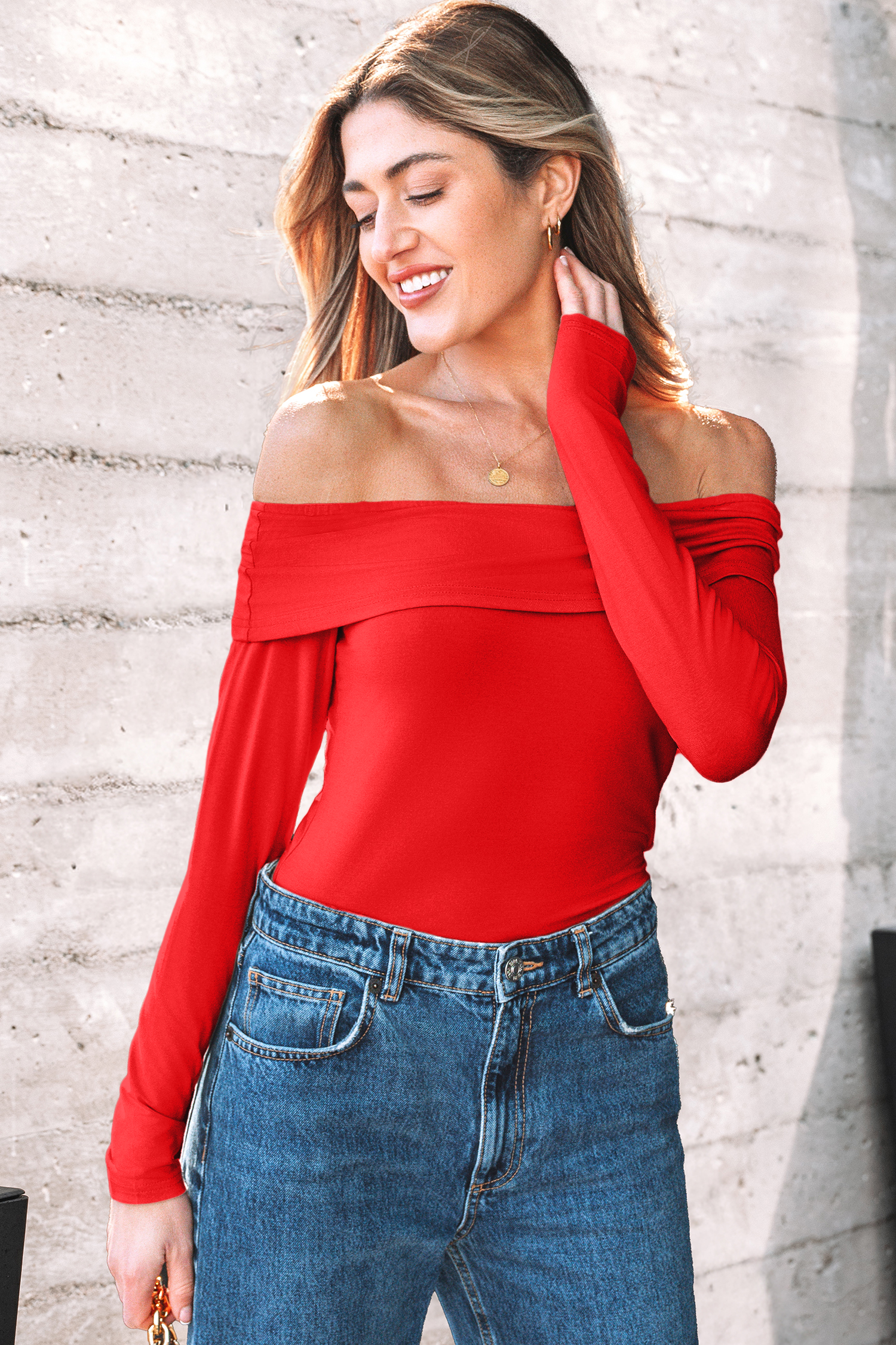 Fiery Red Foldover Off Shoulder Long Sleeve Slim Top view 4