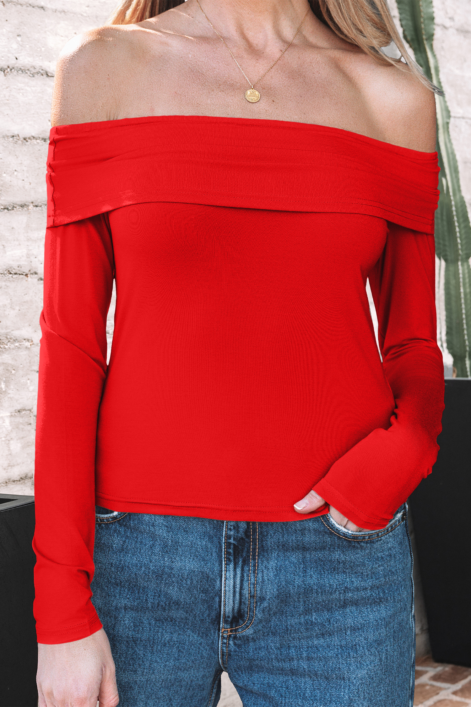 Fiery Red Foldover Off Shoulder Long Sleeve Slim Top view 8
