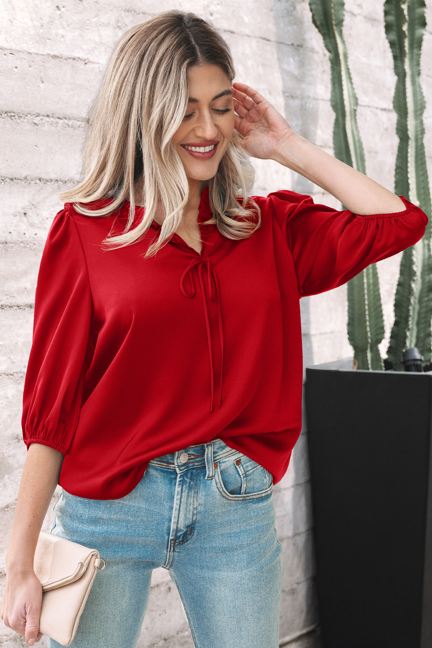 Fiery Red Solid Color Frilled V Neck Bow Detail 3/4 Sleeve Blouse view 10