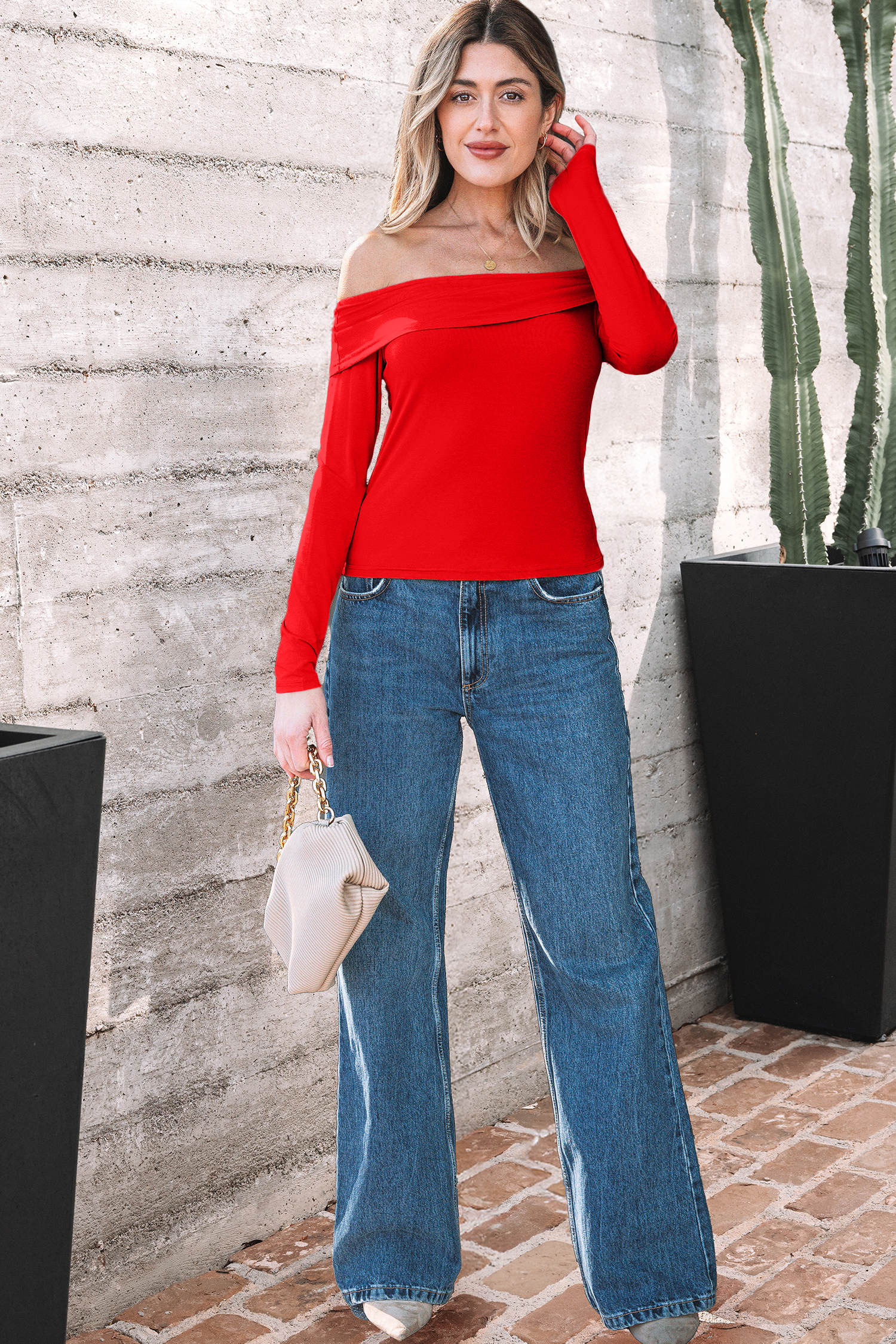 Fiery Red Foldover Off Shoulder Long Sleeve Slim Top view 7