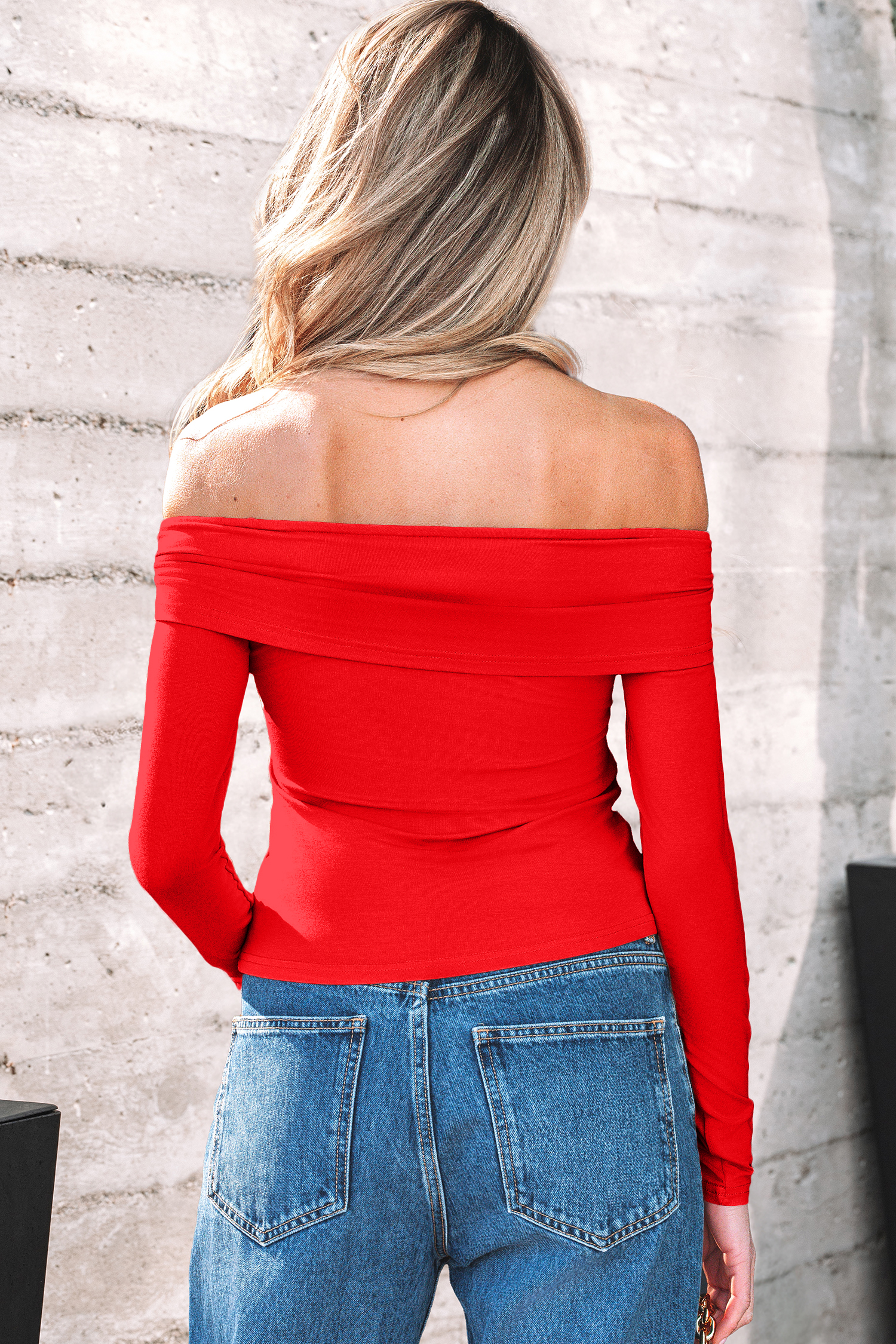Fiery Red Foldover Off Shoulder Long Sleeve Slim Top view 5