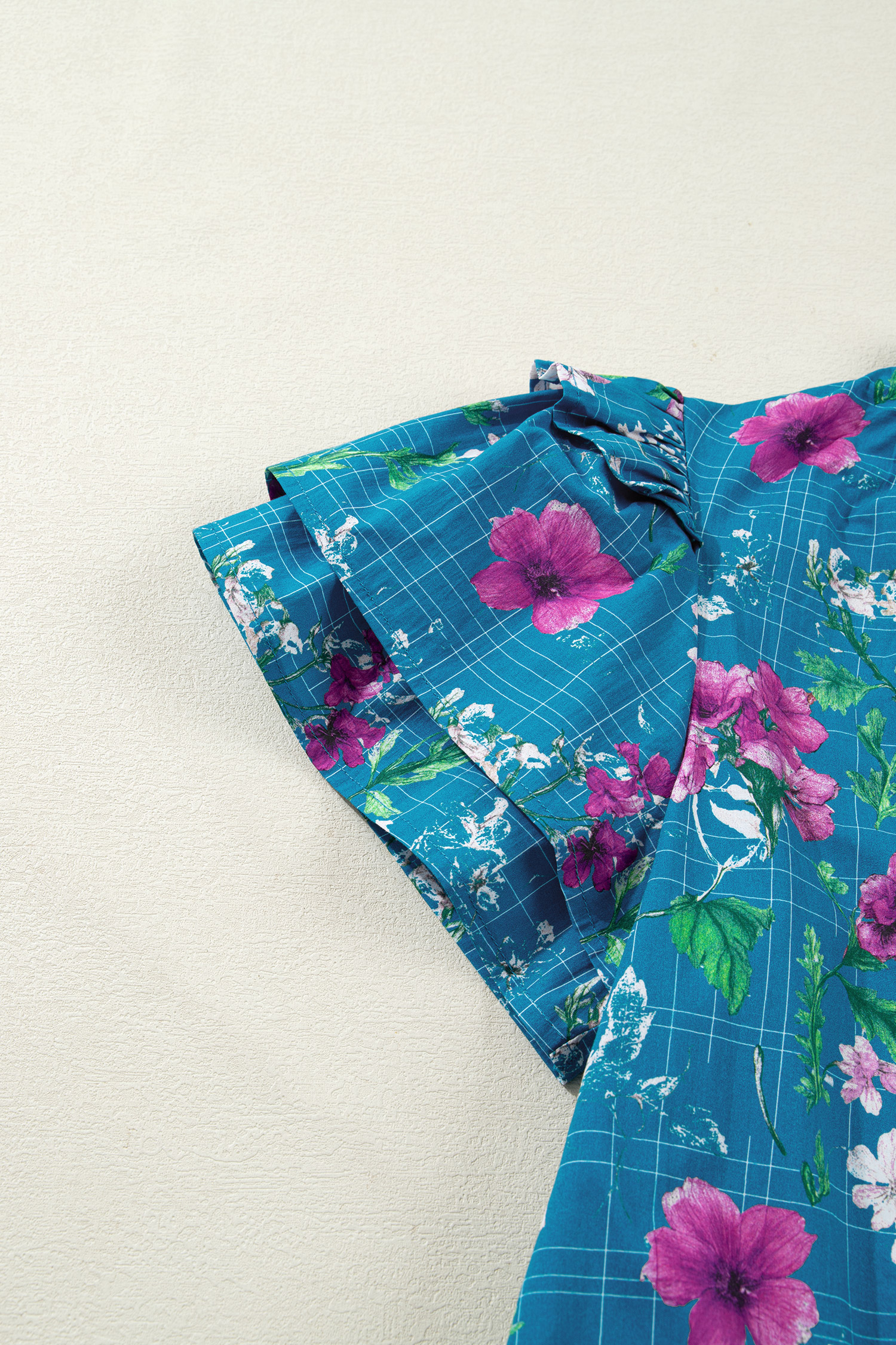 Blue Floral Flutter Sleeve Button Tie Split Neck Belted Long Dress view 24