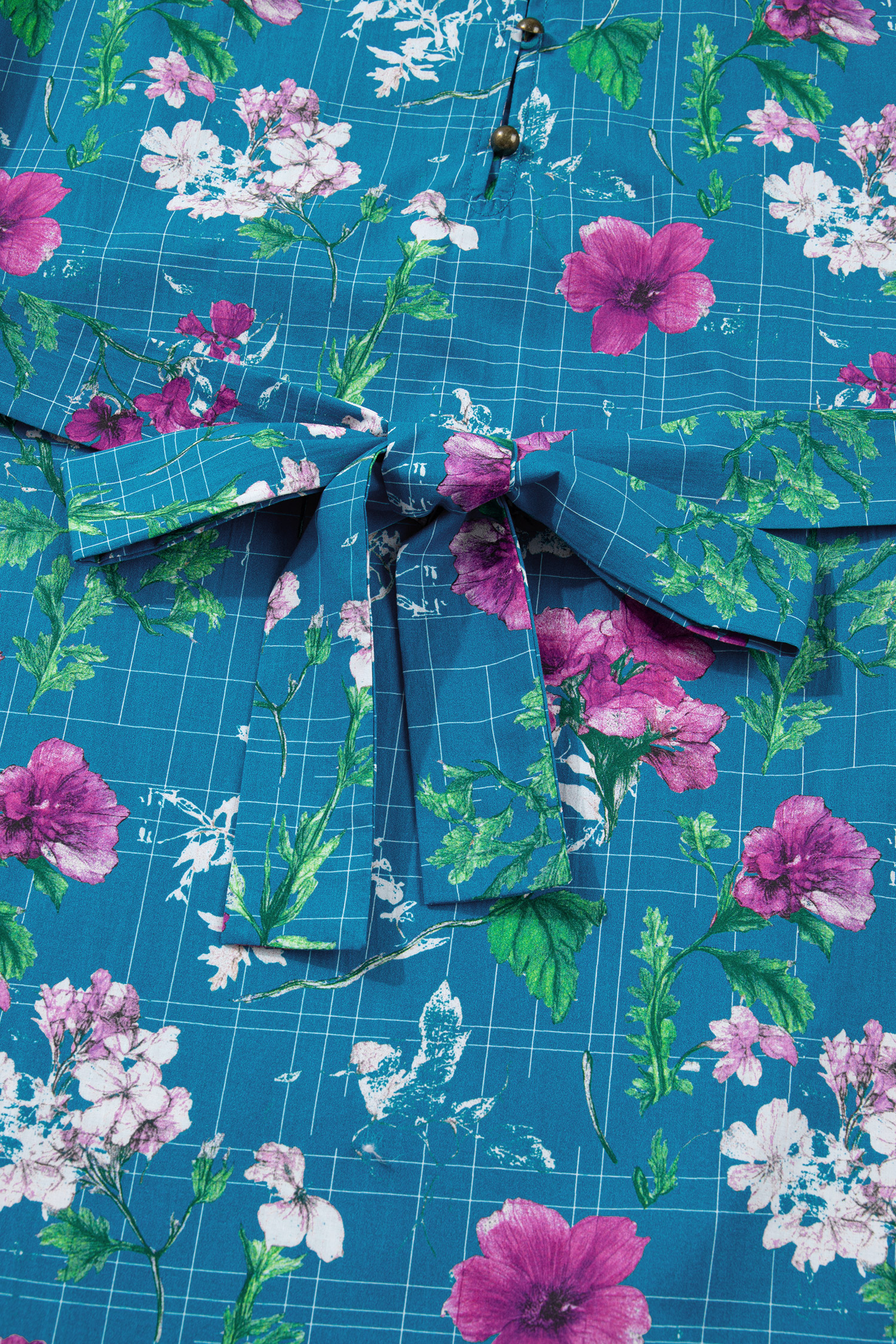 Blue Floral Flutter Sleeve Button Tie Split Neck Belted Long Dress view 19