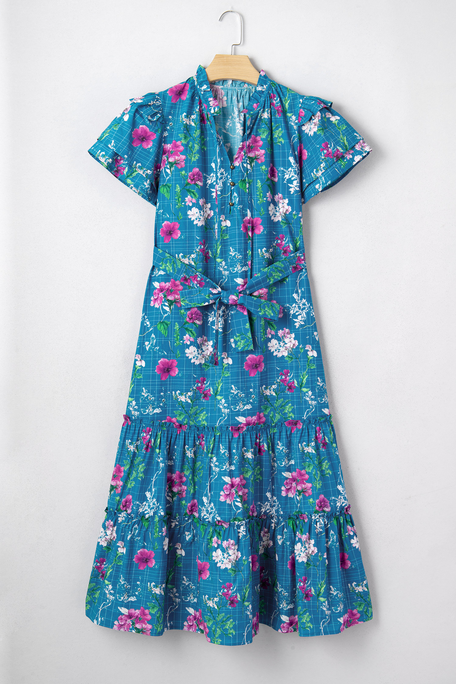 Blue Floral Flutter Sleeve Button Tie Split Neck Belted Long Dress view 15