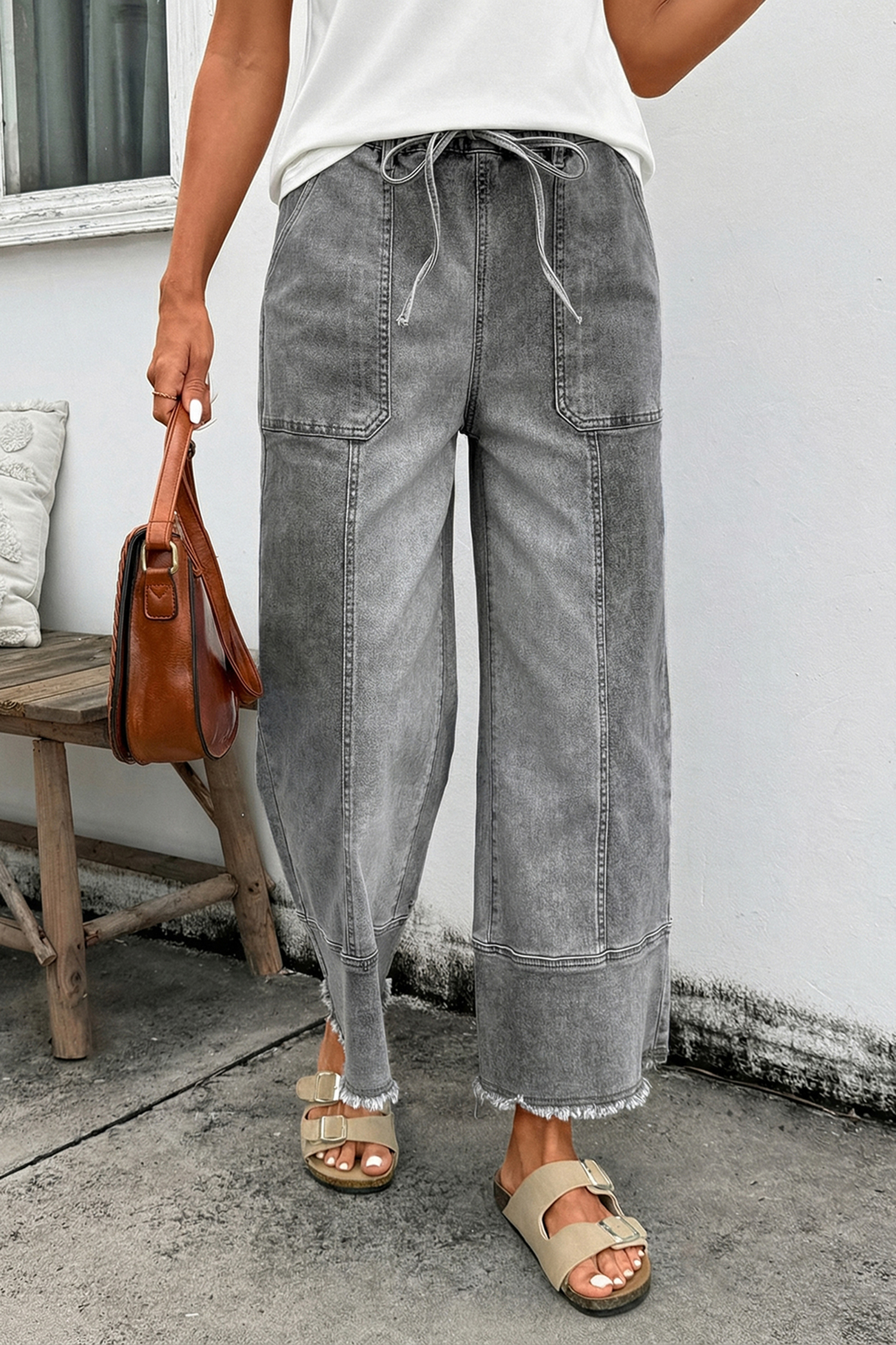 Gray Drawstring Seam Detail Raw Hem Wide Leg Denim Pants view 5