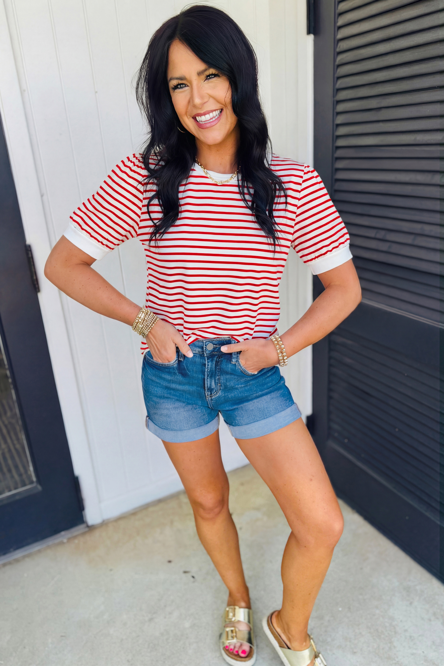 Red Stripe Contrast Trim Round Neck Short Puff Sleeve T Shirt view 10