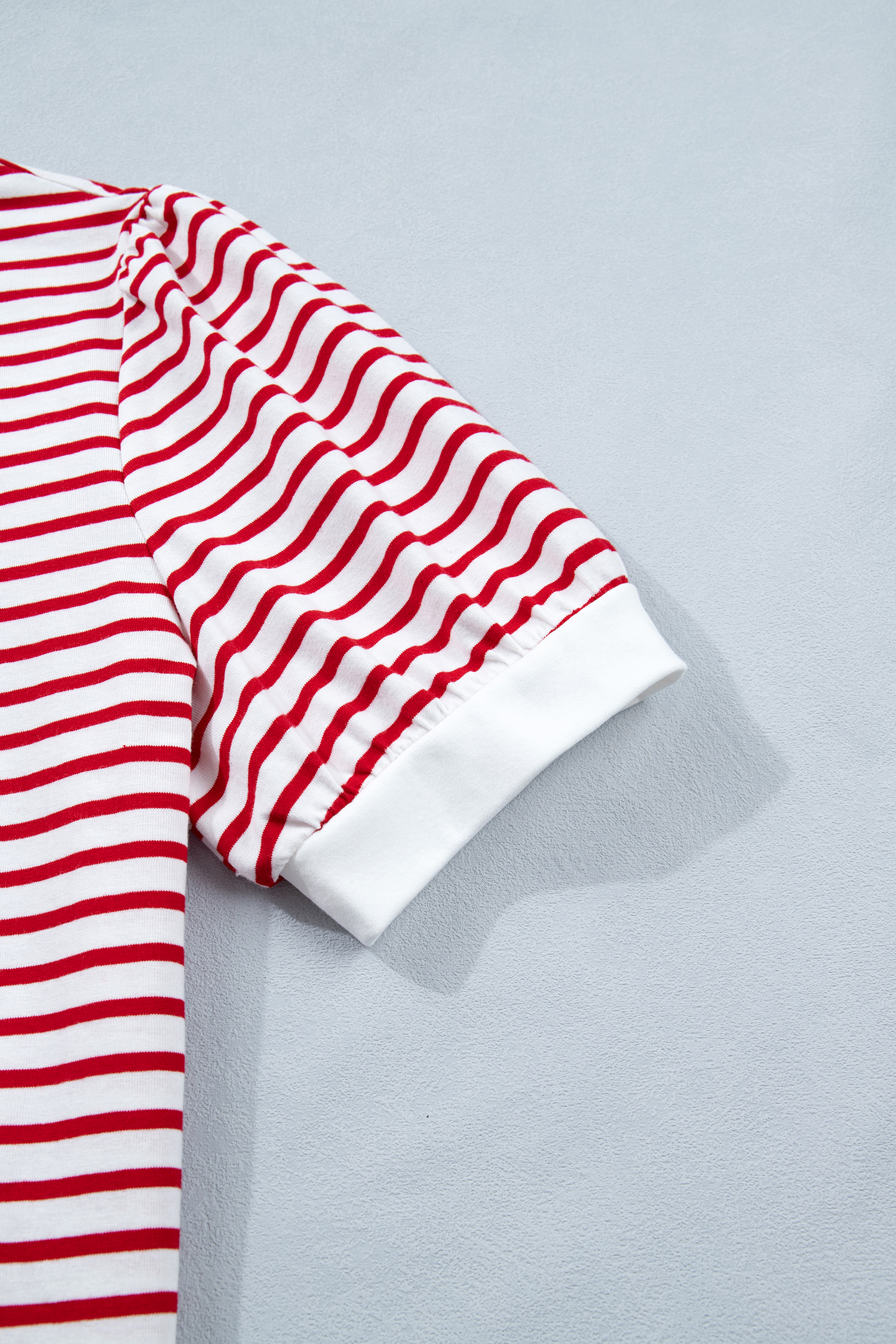 Red Stripe Contrast Trim Round Neck Short Puff Sleeve T Shirt view 16