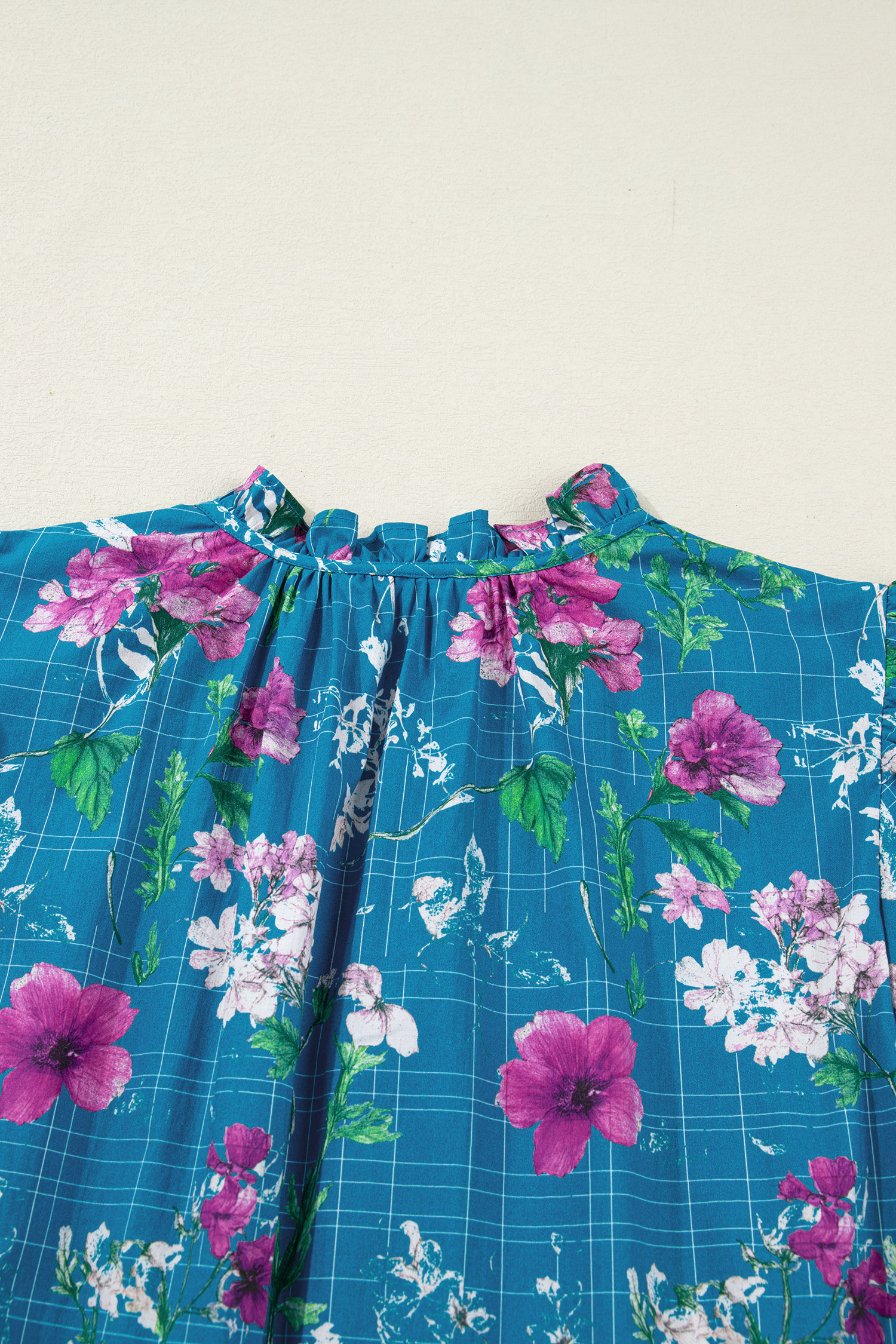 Blue Floral Flutter Sleeve Button Tie Split Neck Belted Long Dress view 18