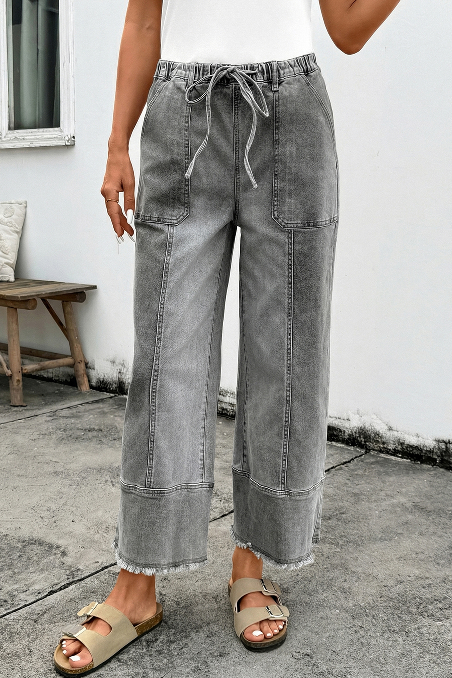 Gray Drawstring Seam Detail Raw Hem Wide Leg Denim Pants view 3