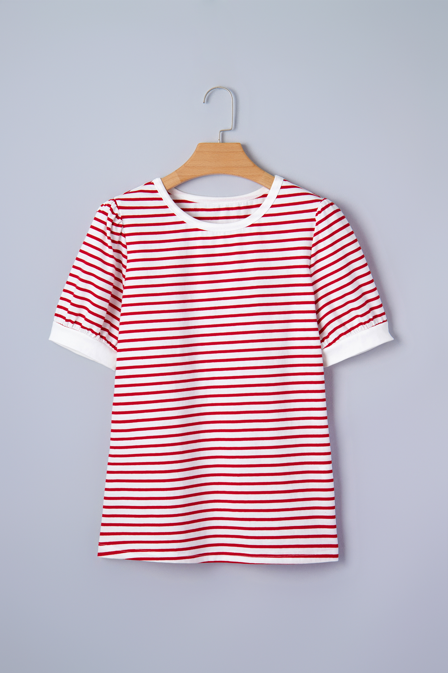 Red Stripe Contrast Trim Round Neck Short Puff Sleeve T Shirt view 12
