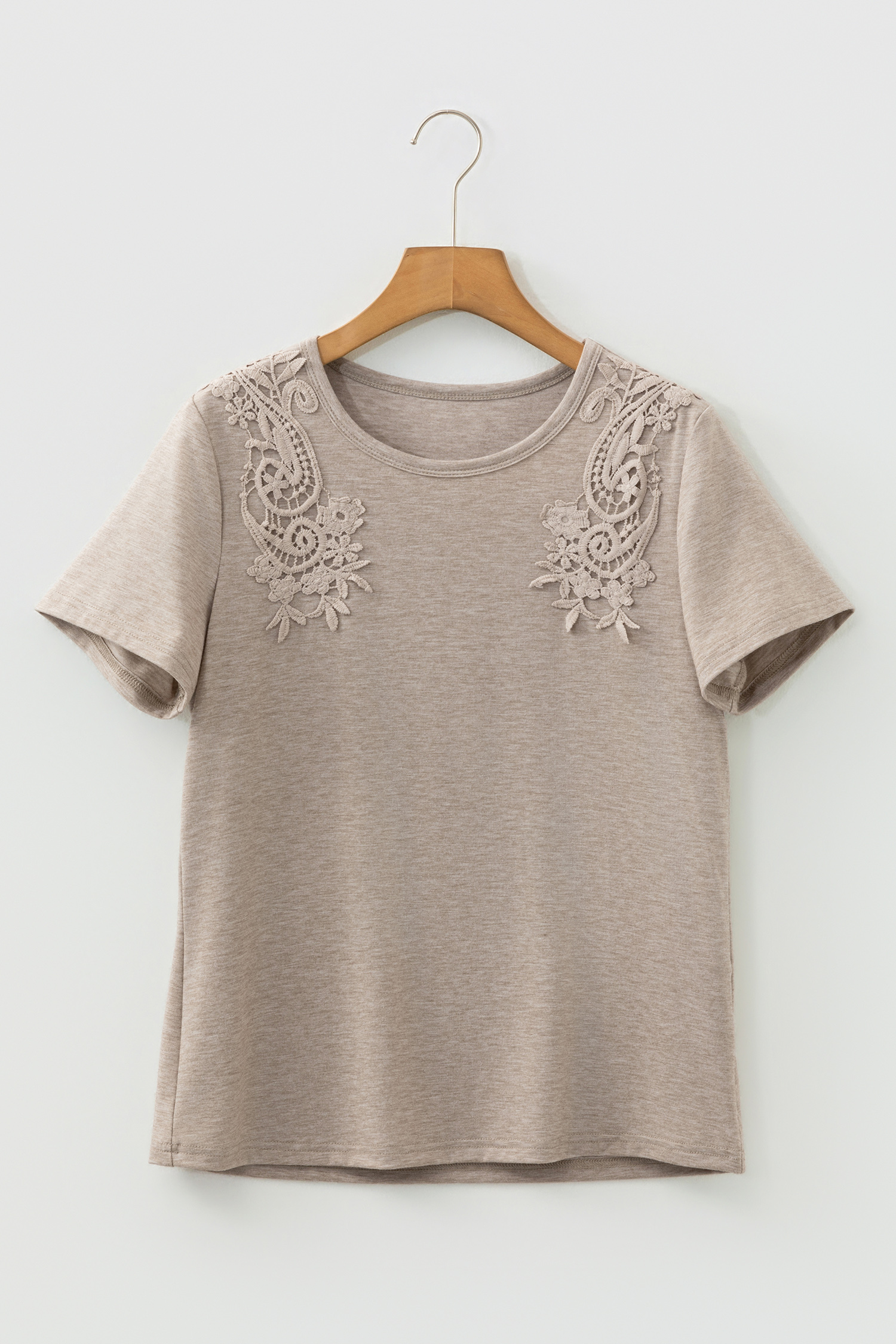 Smoke Gray Solid Color Lace Patched Detail Round Neck Tee view 6