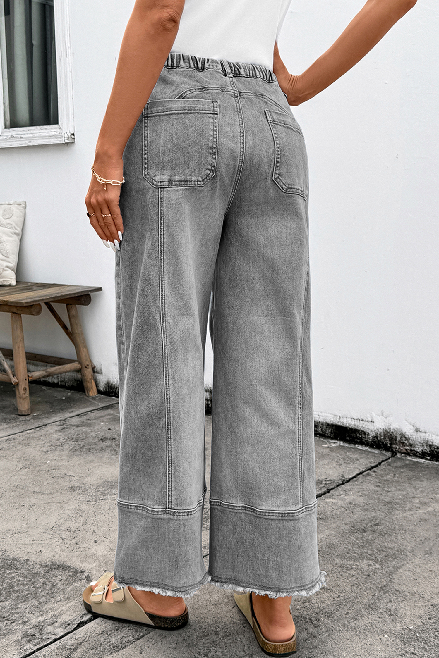 Gray Drawstring Seam Detail Raw Hem Wide Leg Denim Pants view 2