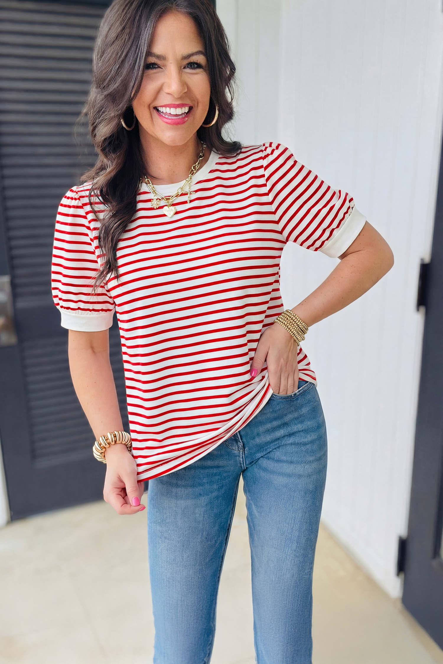 Red Stripe Contrast Trim Round Neck Short Puff Sleeve T Shirt view 11