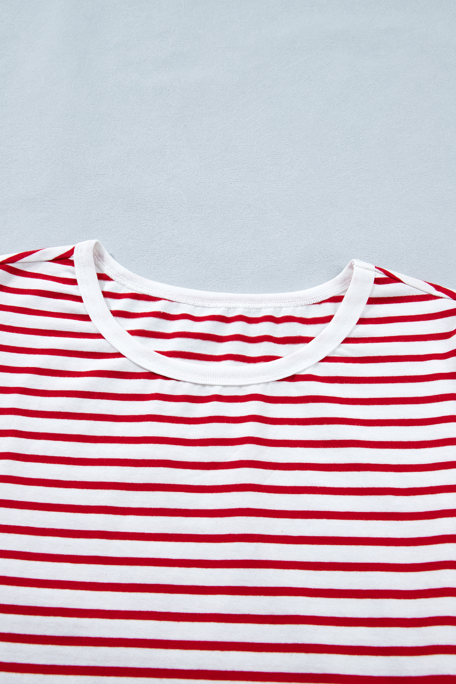 Red Stripe Contrast Trim Round Neck Short Puff Sleeve T Shirt view 14