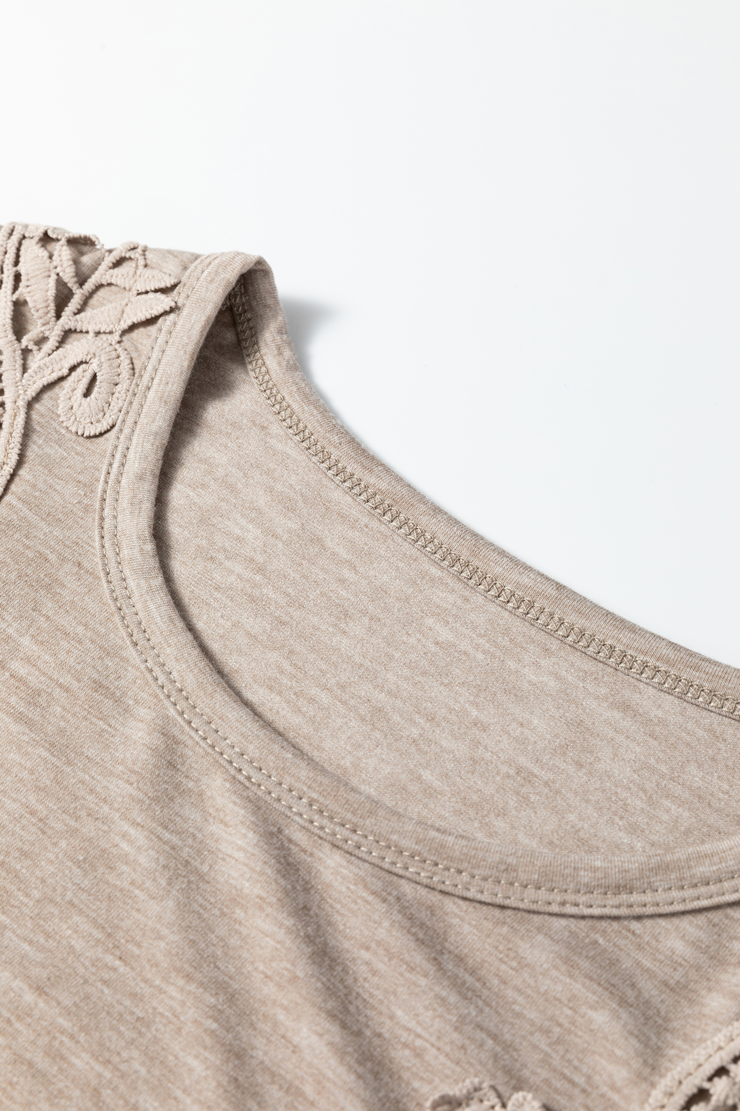 Smoke Gray Solid Color Lace Patched Detail Round Neck Tee view 12
