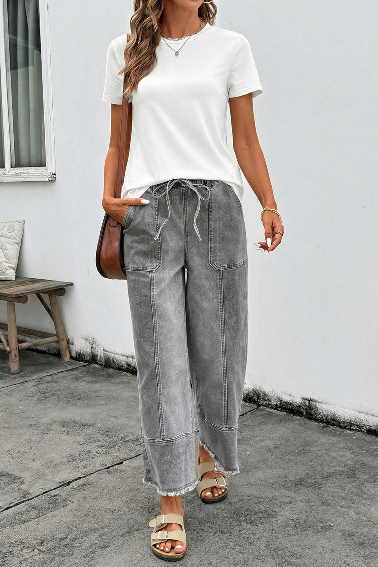 Gray Drawstring Seam Detail Raw Hem Wide Leg Denim Pants view 4