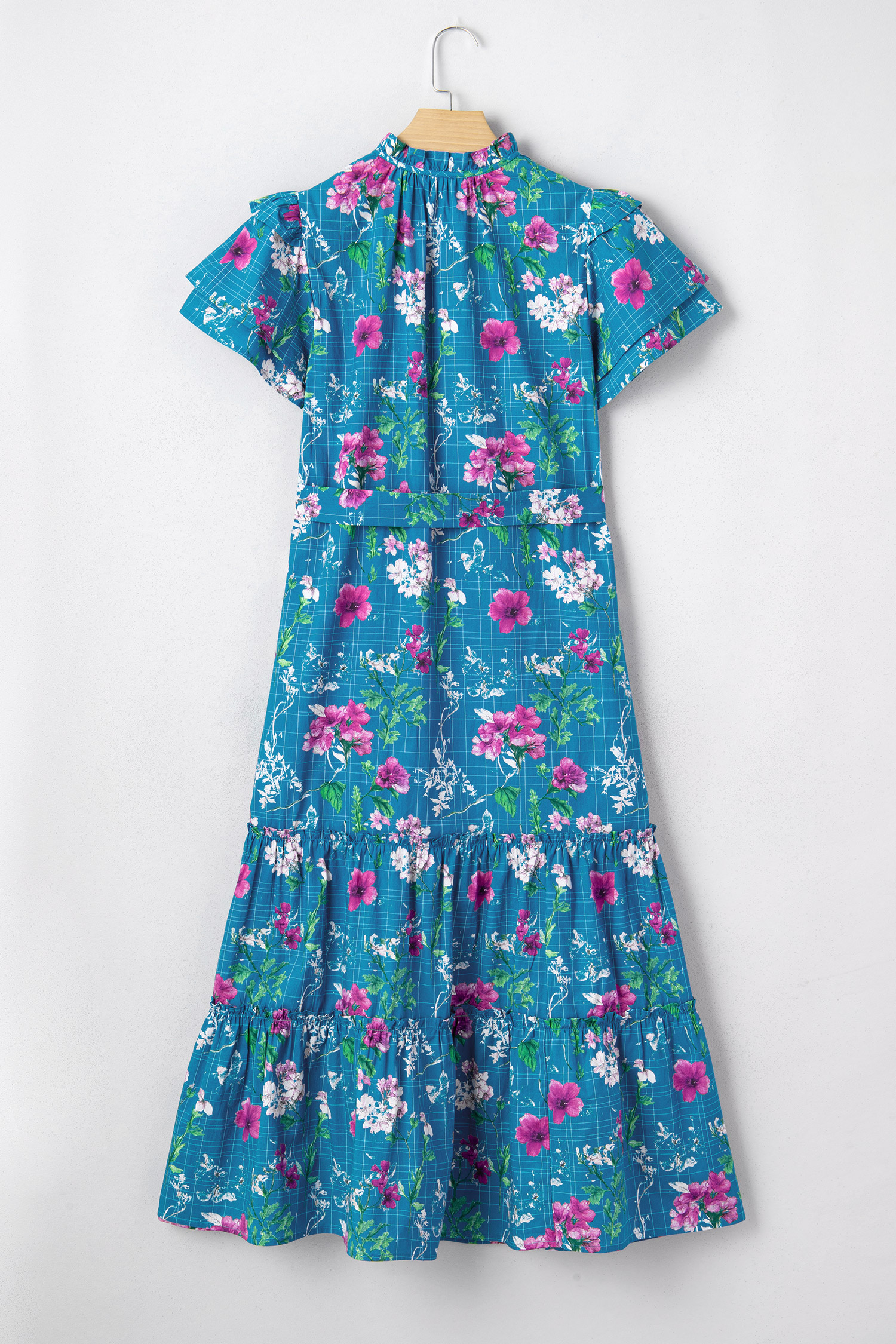 Blue Floral Flutter Sleeve Button Tie Split Neck Belted Long Dress view 16