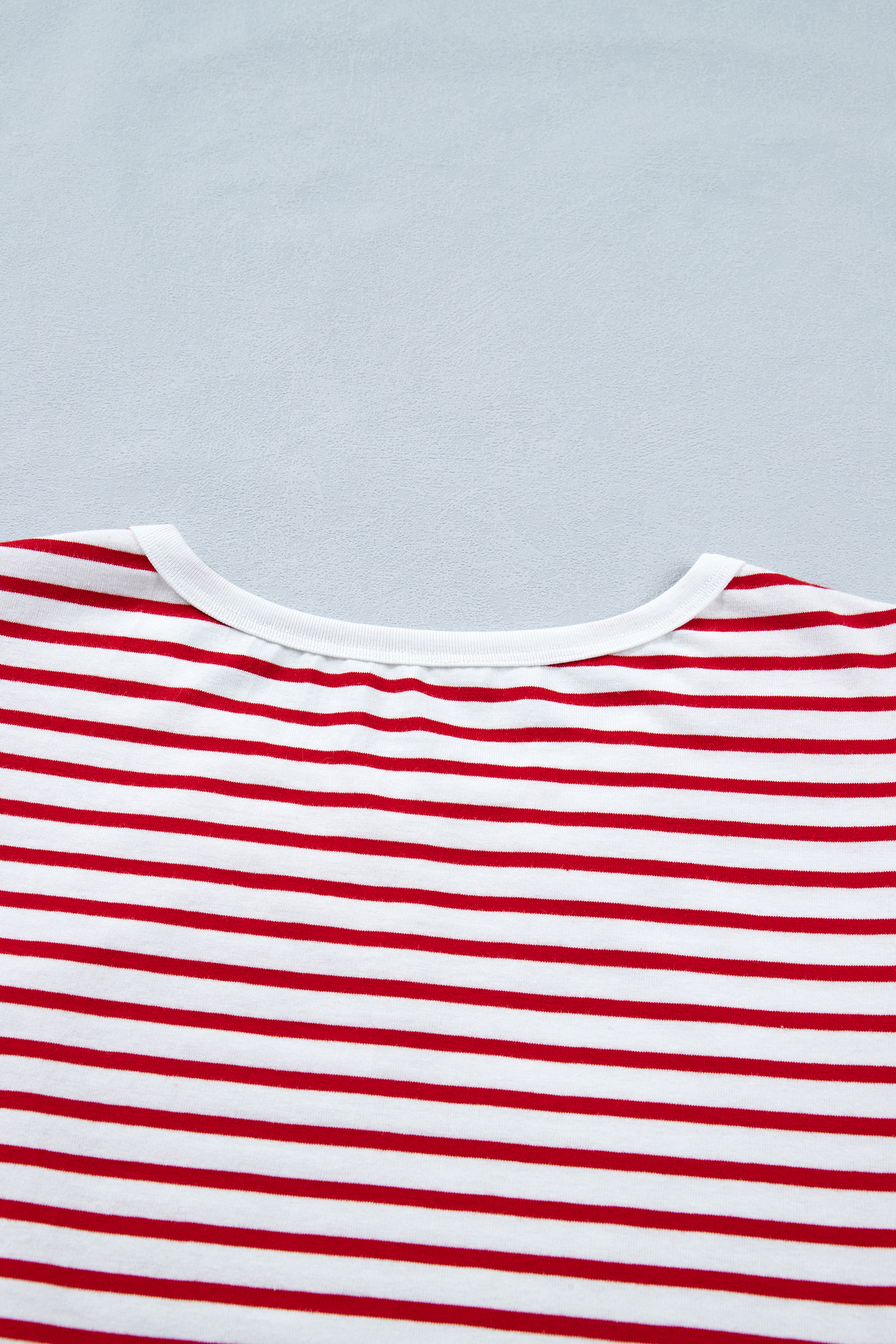 Red Stripe Contrast Trim Round Neck Short Puff Sleeve T Shirt view 15