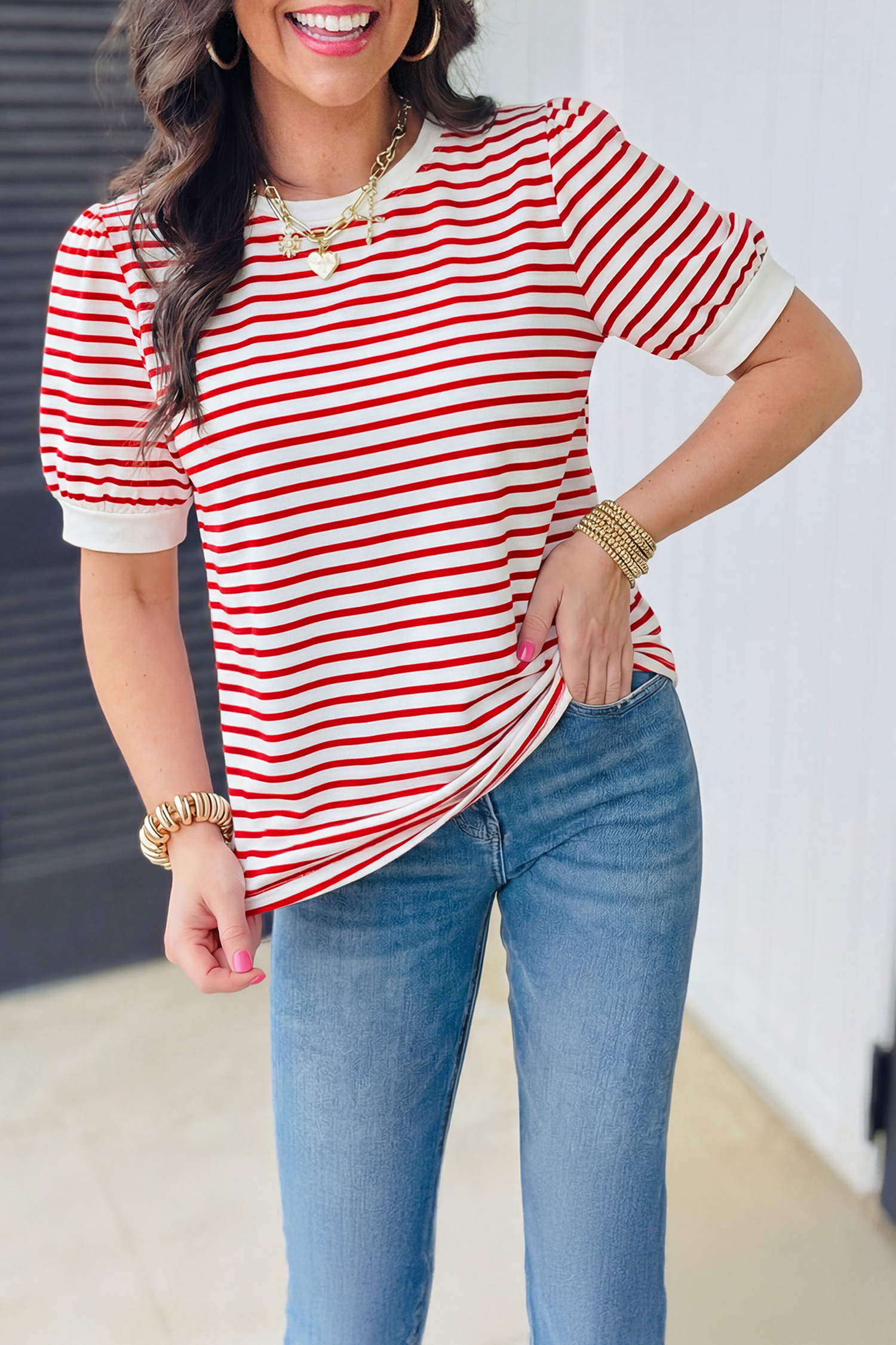 Red Stripe Contrast Trim Round Neck Short Puff Sleeve T Shirt view 9