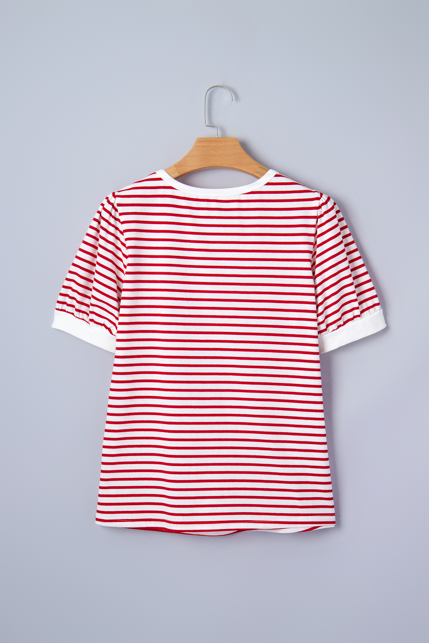 Red Stripe Contrast Trim Round Neck Short Puff Sleeve T Shirt view 13
