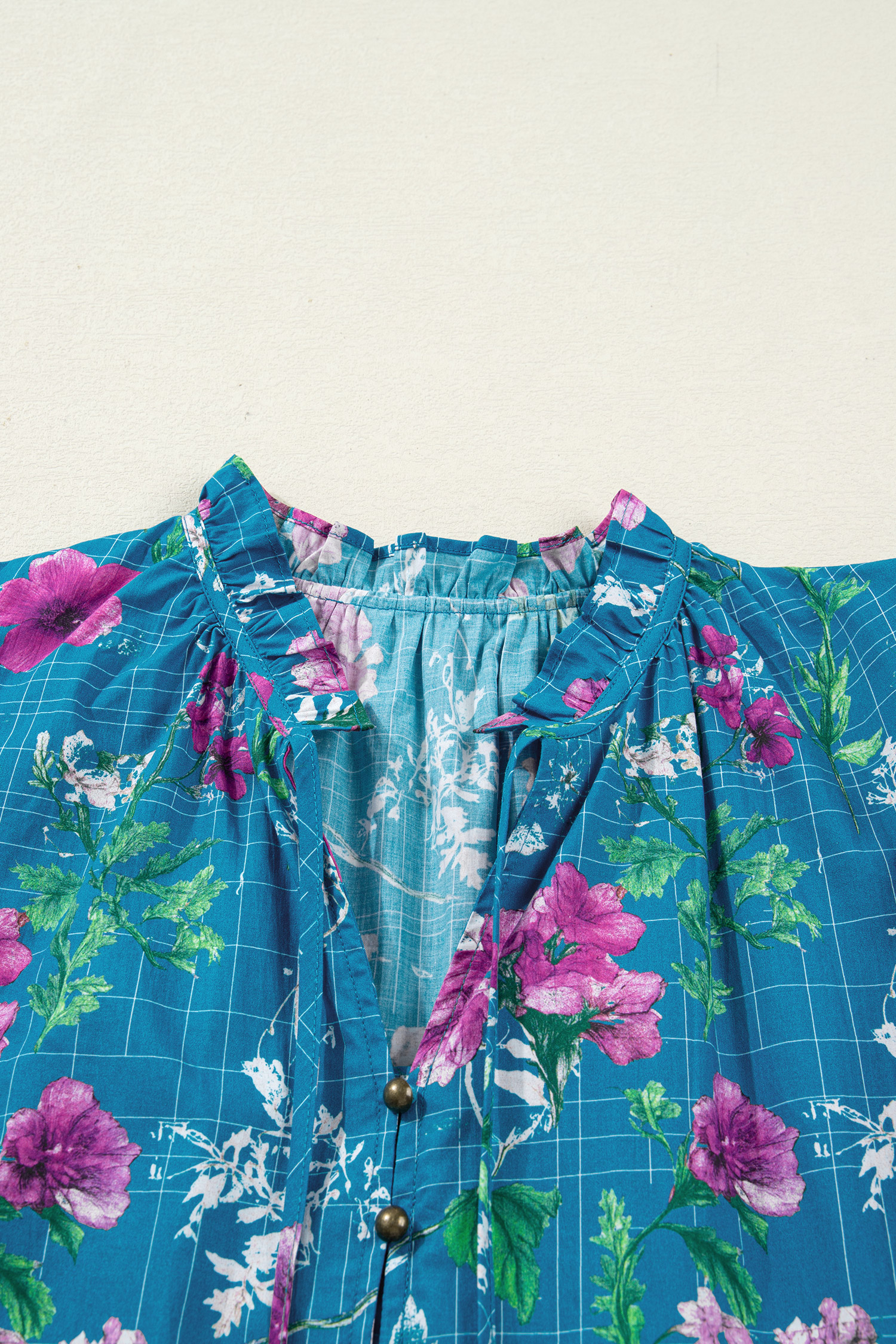 Blue Floral Flutter Sleeve Button Tie Split Neck Belted Long Dress view 17