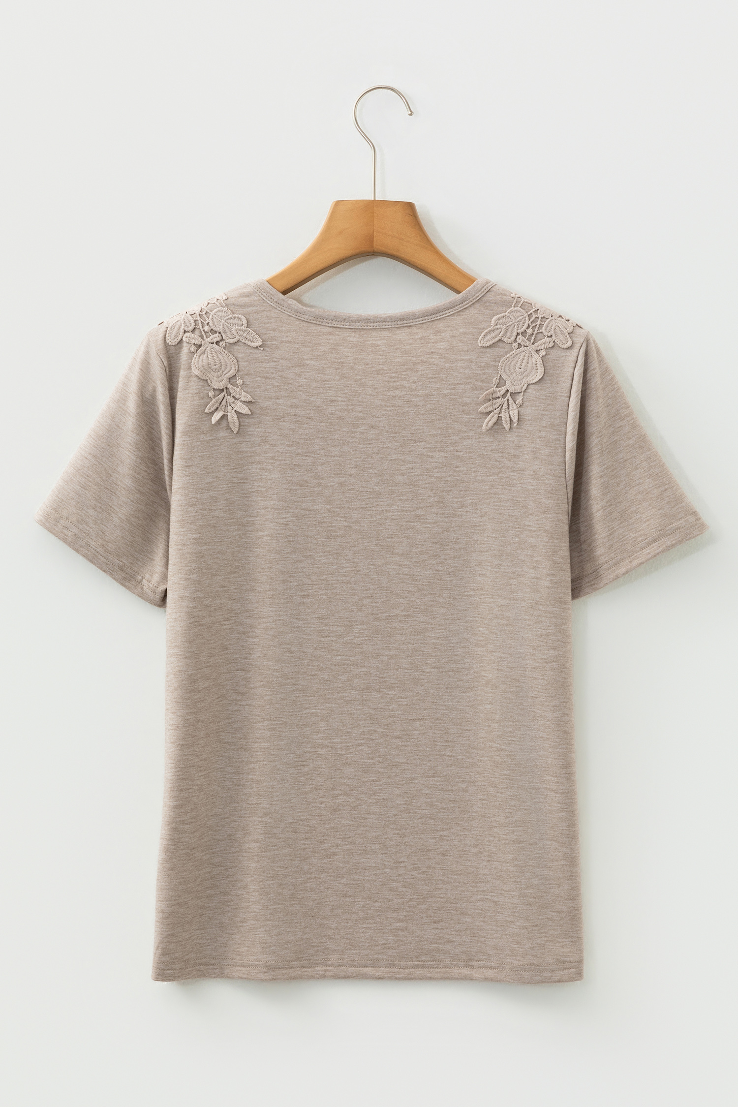 Smoke Gray Solid Color Lace Patched Detail Round Neck Tee view 7