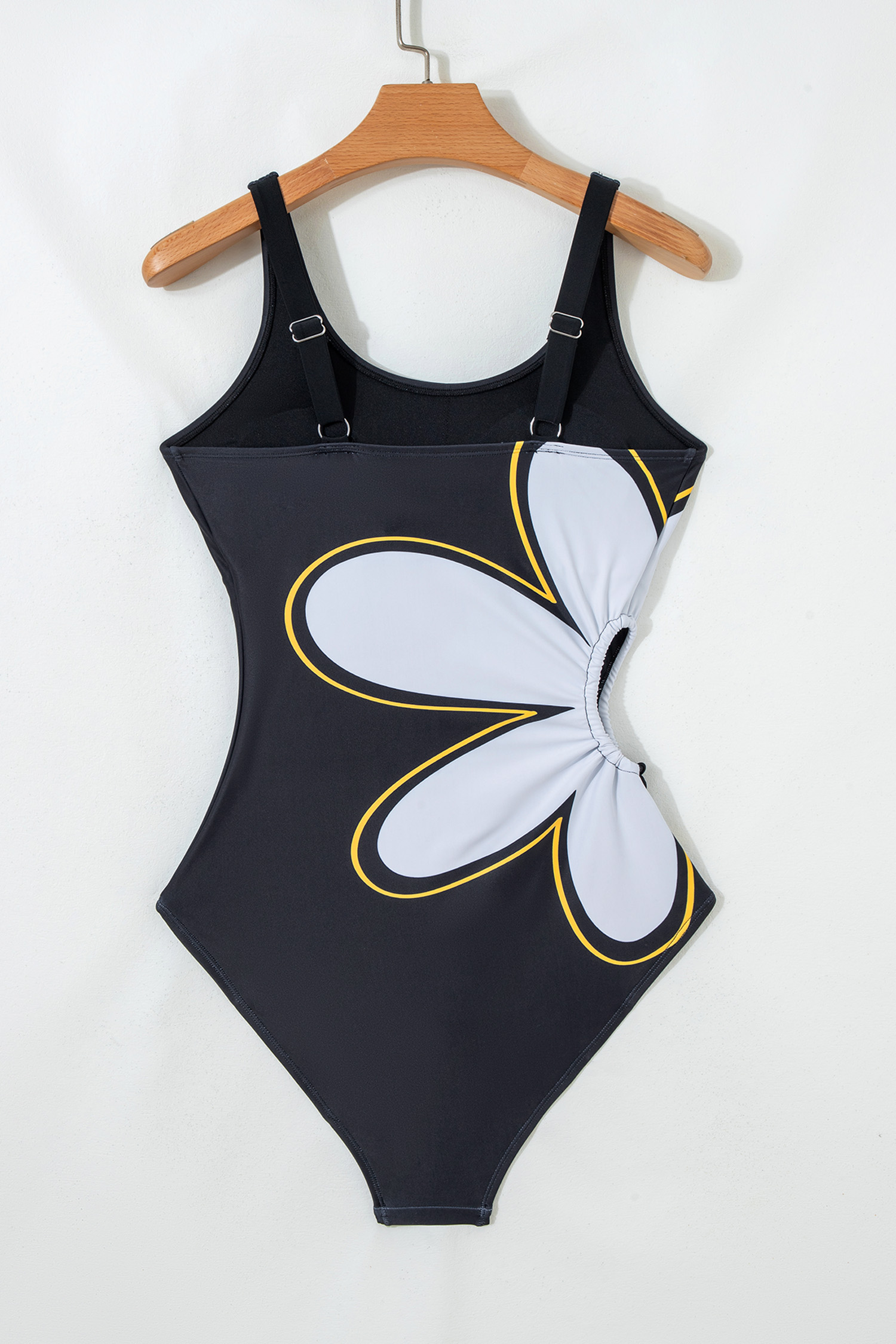 Black Drawstring Big Hole Floral Print Sleeveless One Piece Swimsuit view 8