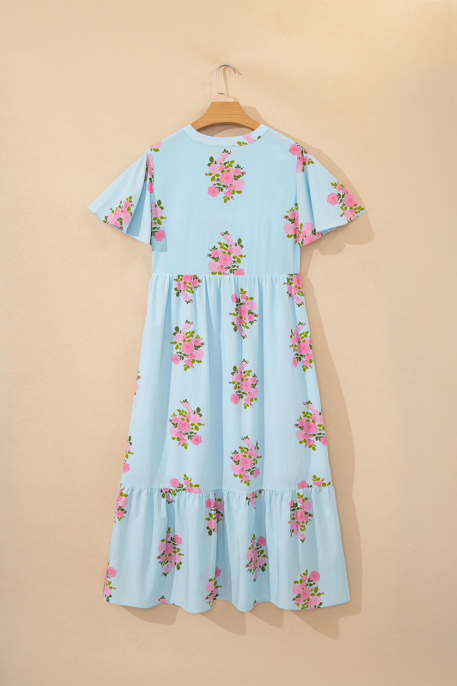 Sky Blue Notched Neck Flutter Short Sleeve Floral Print Maxi Dress view 21