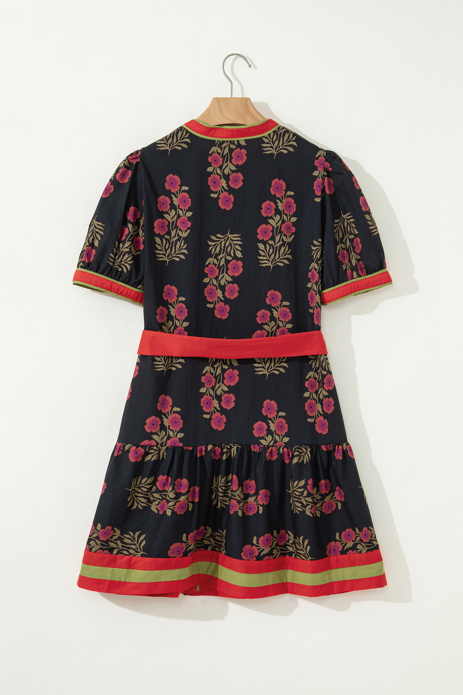 Black Retro Floral Print Button Down Belted Short Puff Sleeve Mini Dress view 10