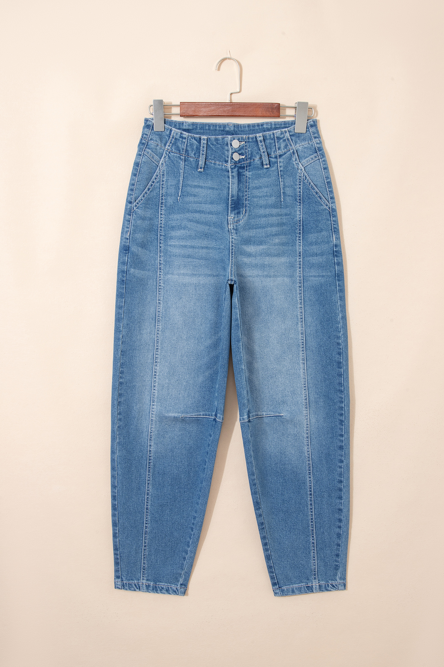 Sky Blue Medium Wash Cuffed Barrel Jeans view 5