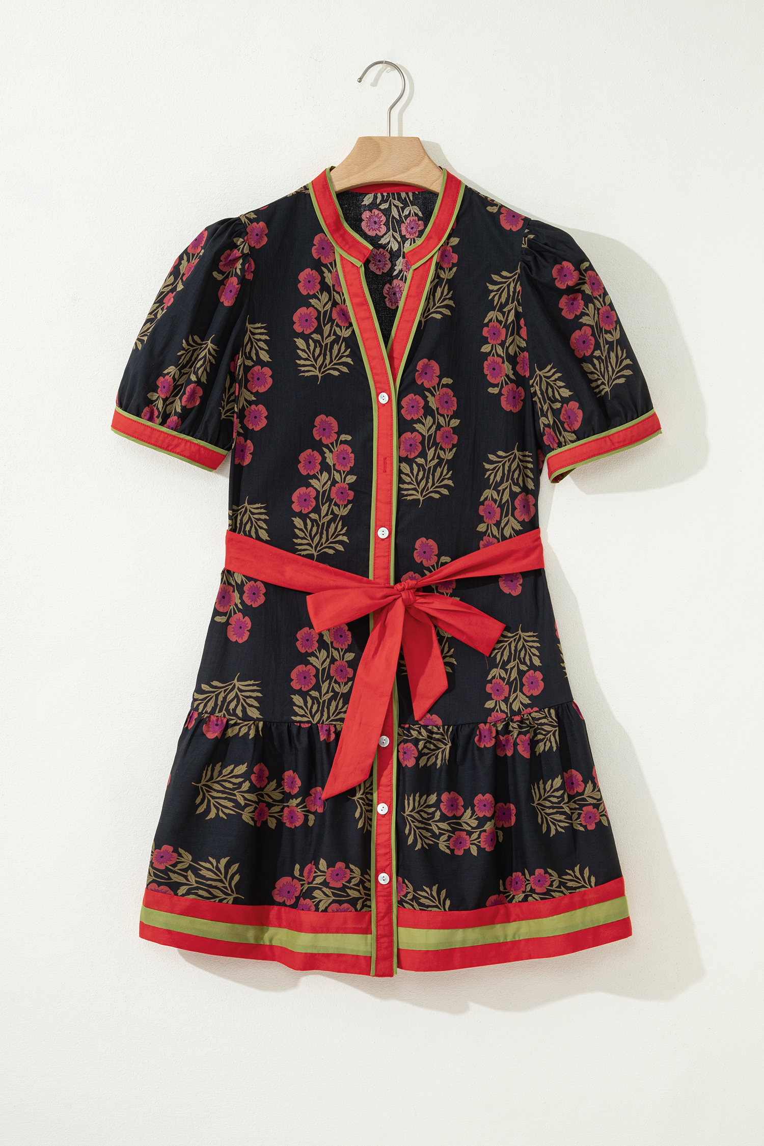 Black Retro Floral Print Button Down Belted Short Puff Sleeve Mini Dress view 9