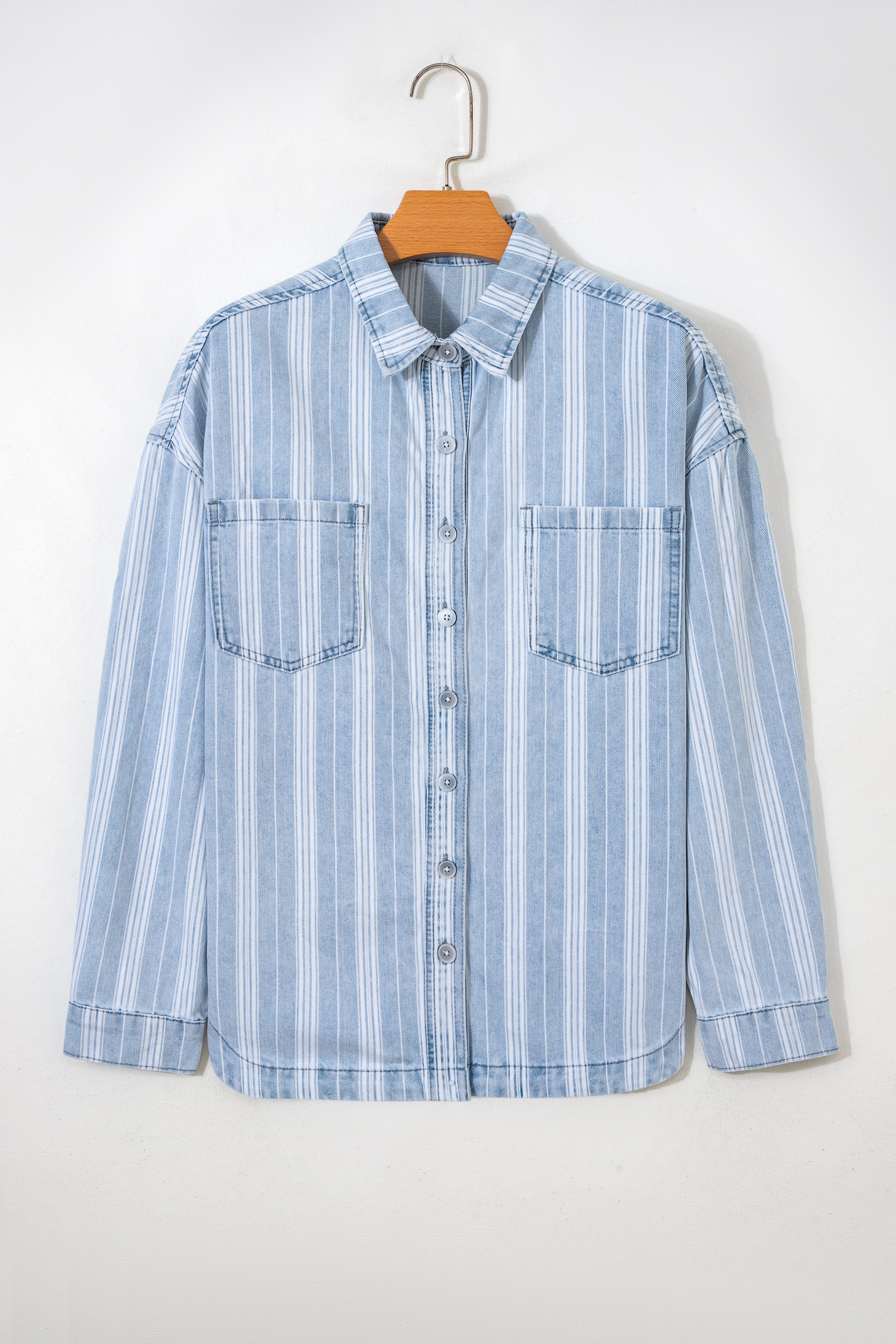 Sky Blue Stripe Boyfriend Chest Pocket Classic Denim Shacket view 13