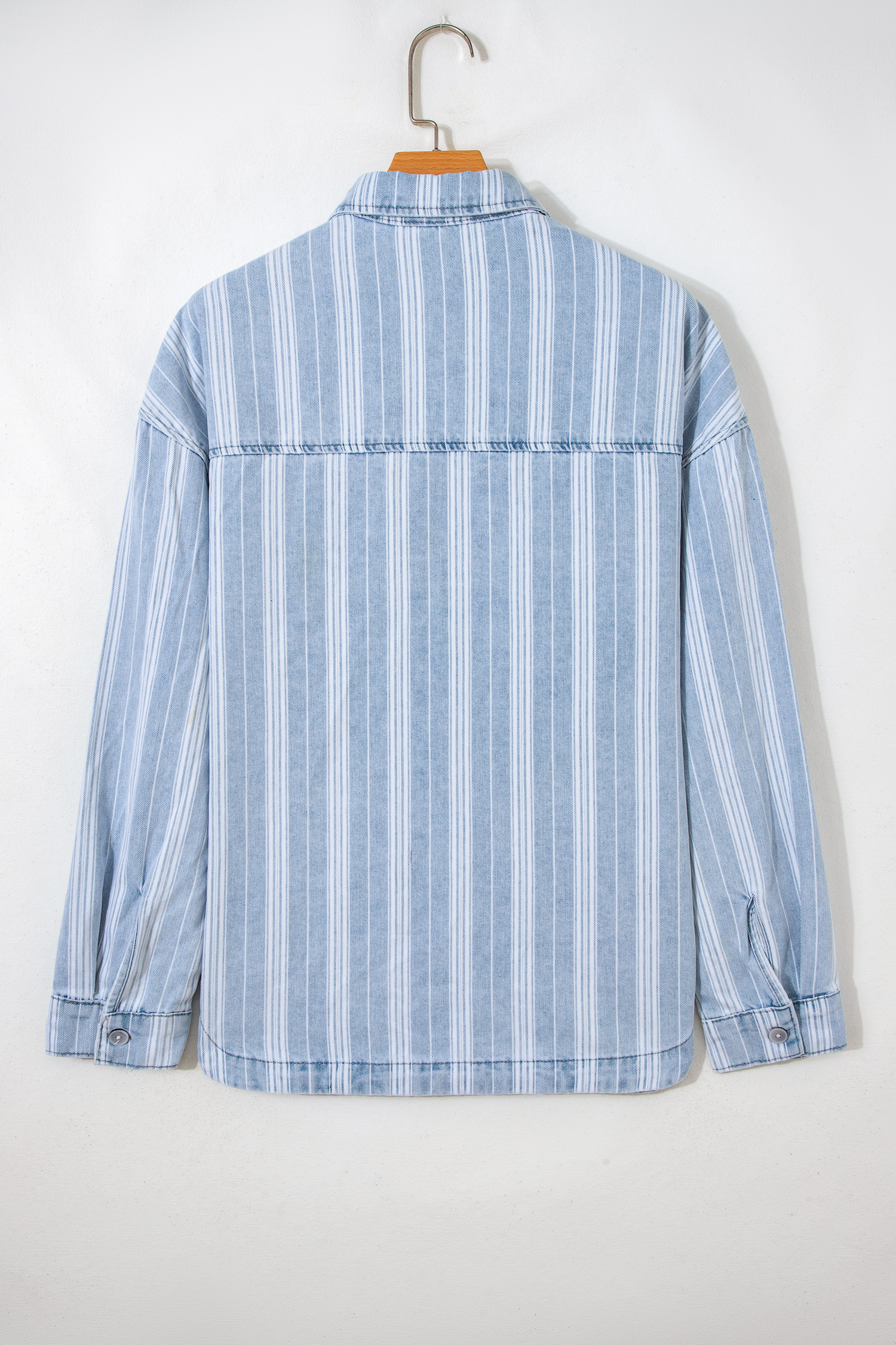 Sky Blue Stripe Boyfriend Chest Pocket Classic Denim Shacket view 14
