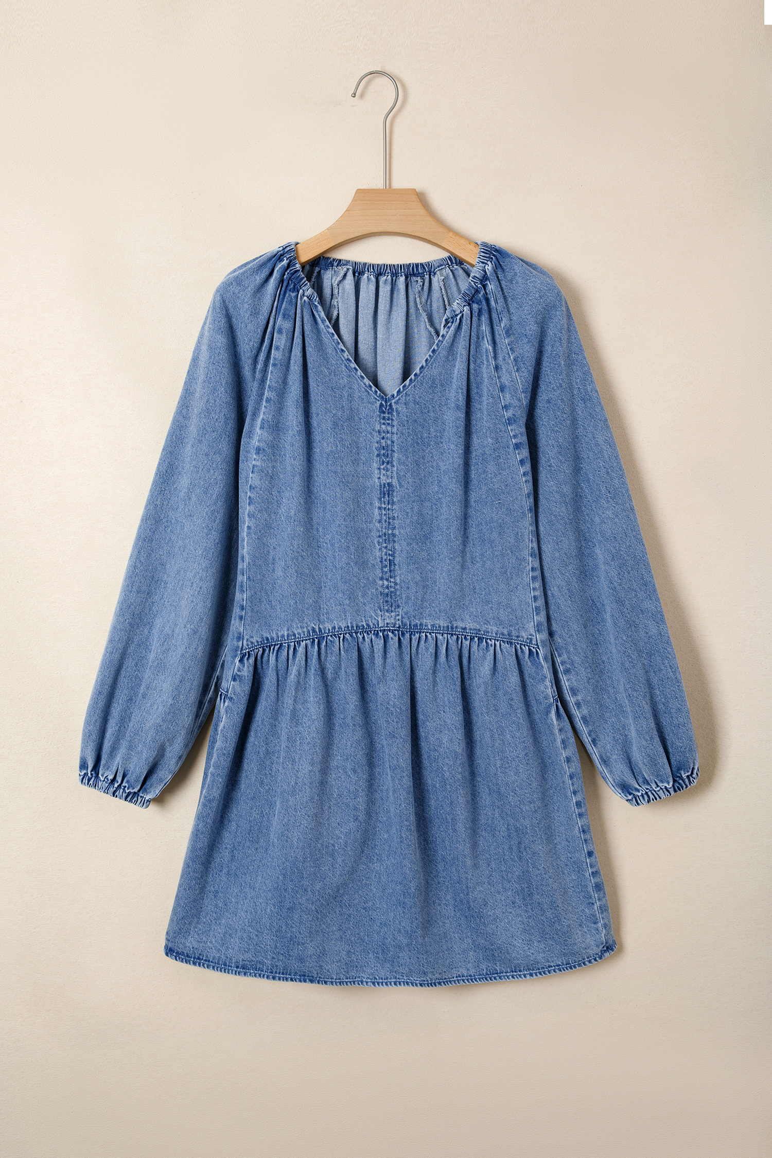 Myosotis Puff Sleeve V Neck Ruffled Loose Denim Mini Dress view 17