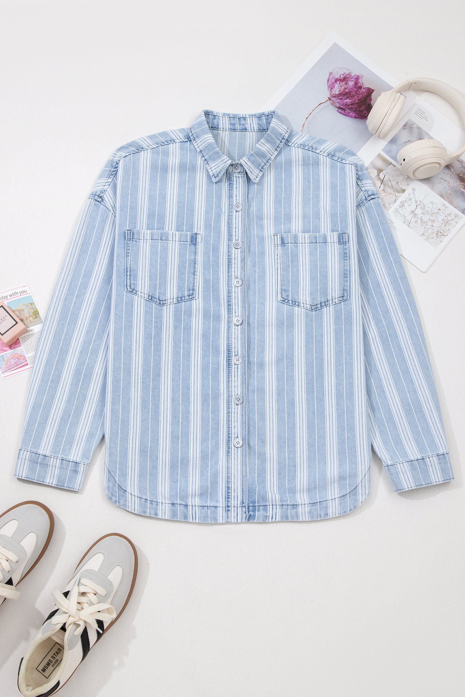 Sky Blue Stripe Boyfriend Chest Pocket Classic Denim Shacket view 11