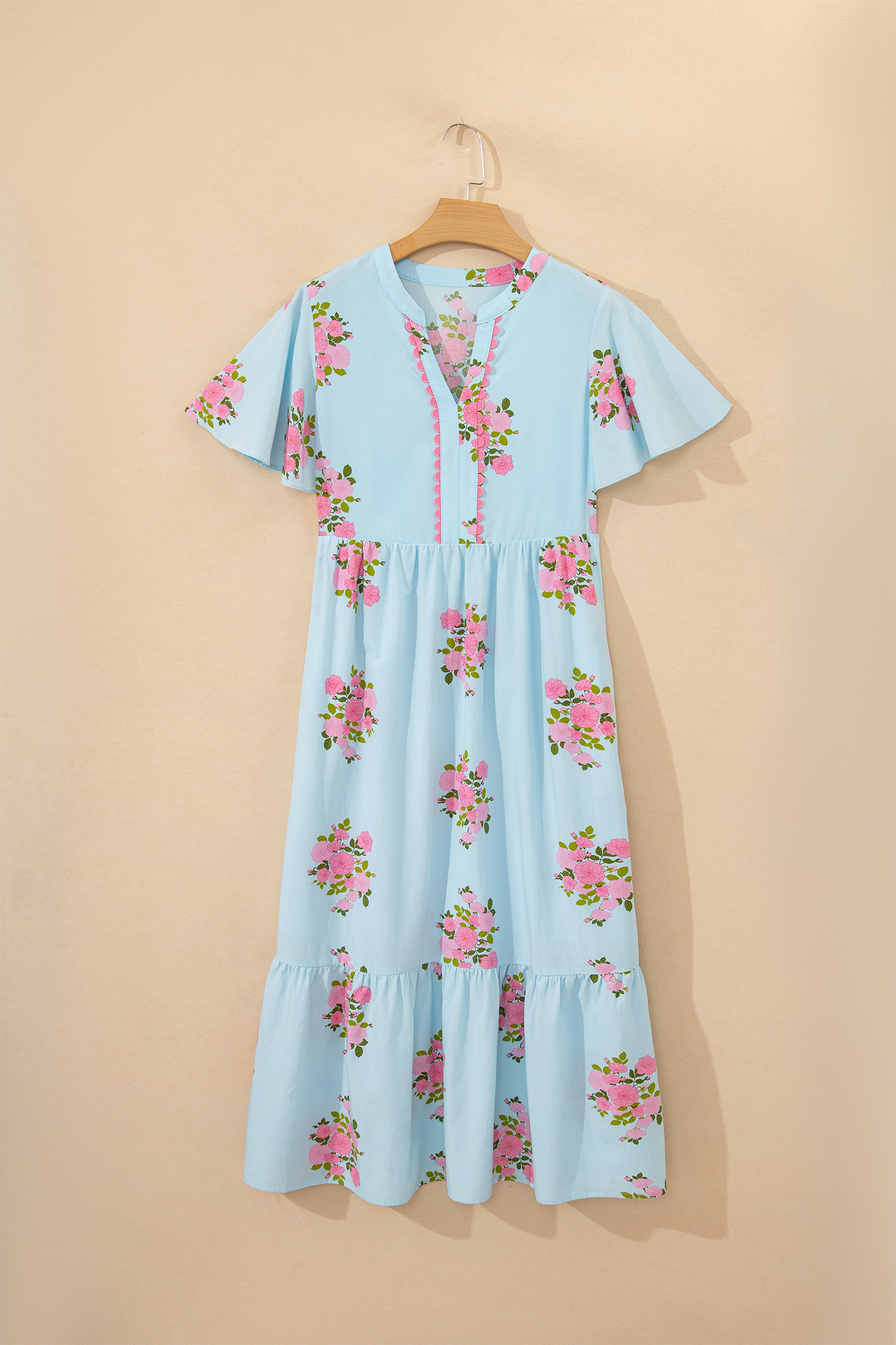 Sky Blue Notched Neck Flutter Short Sleeve Floral Print Maxi Dress view 20