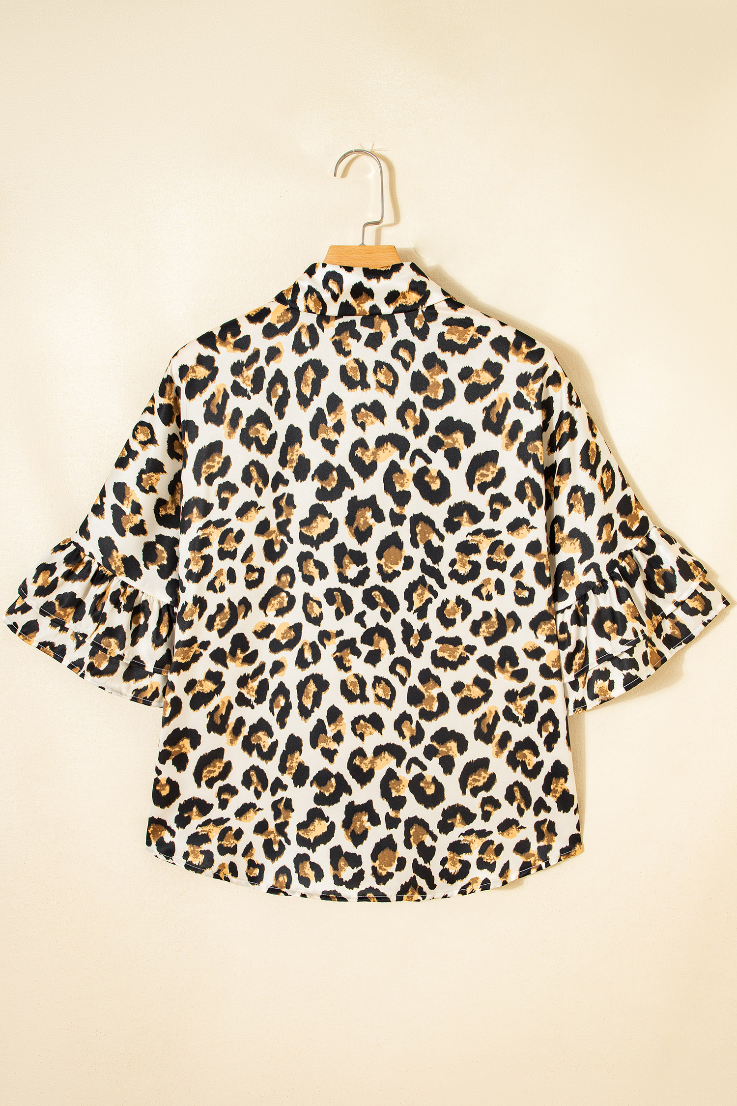 Khaki Leopard Print Ruffle Trim 3/4 Sleeve Loose Shirt view 12