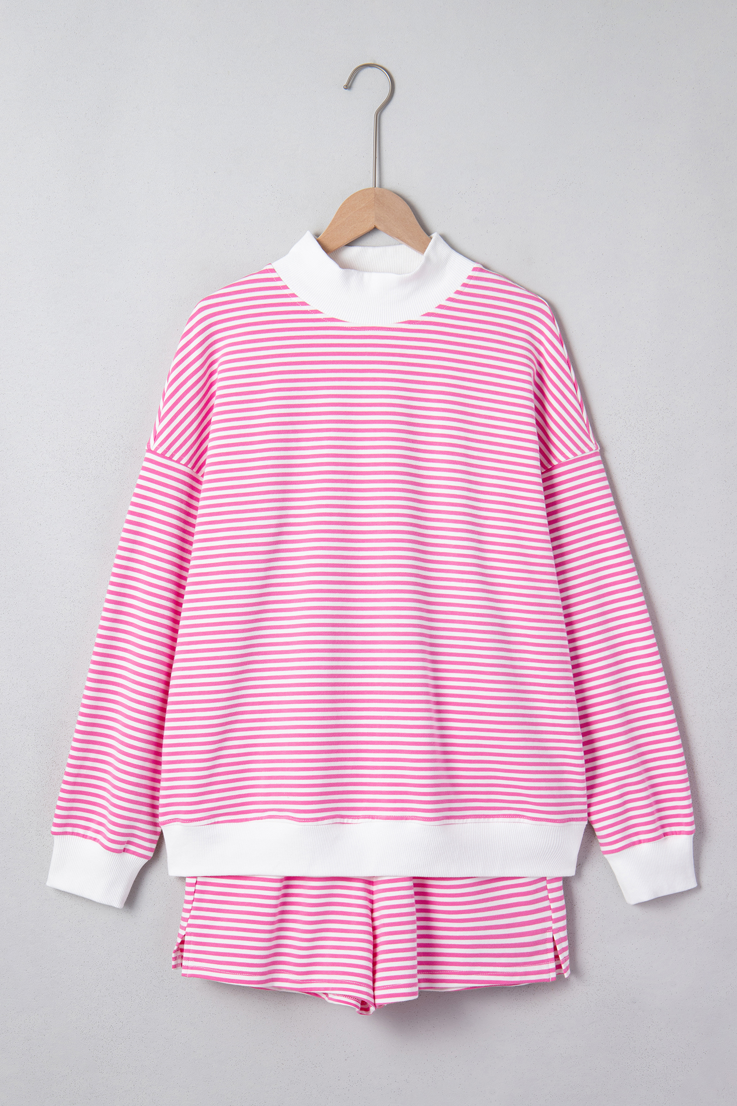 Pink Stripe Oversize Mock Neck Sweatshirt and Shorts Set view 29
