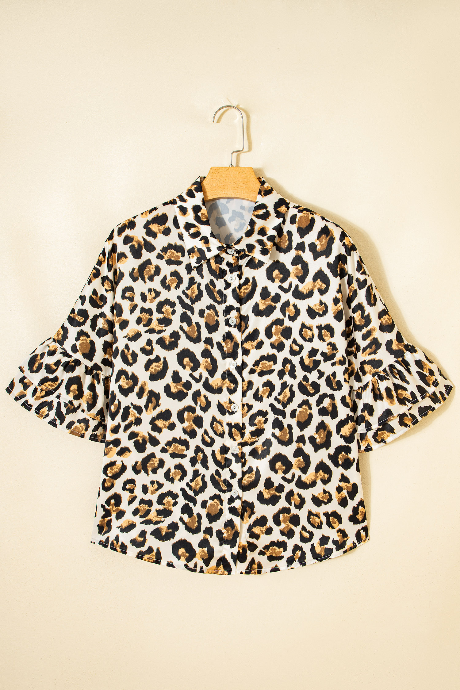 Khaki Leopard Print Ruffle Trim 3/4 Sleeve Loose Shirt view 11