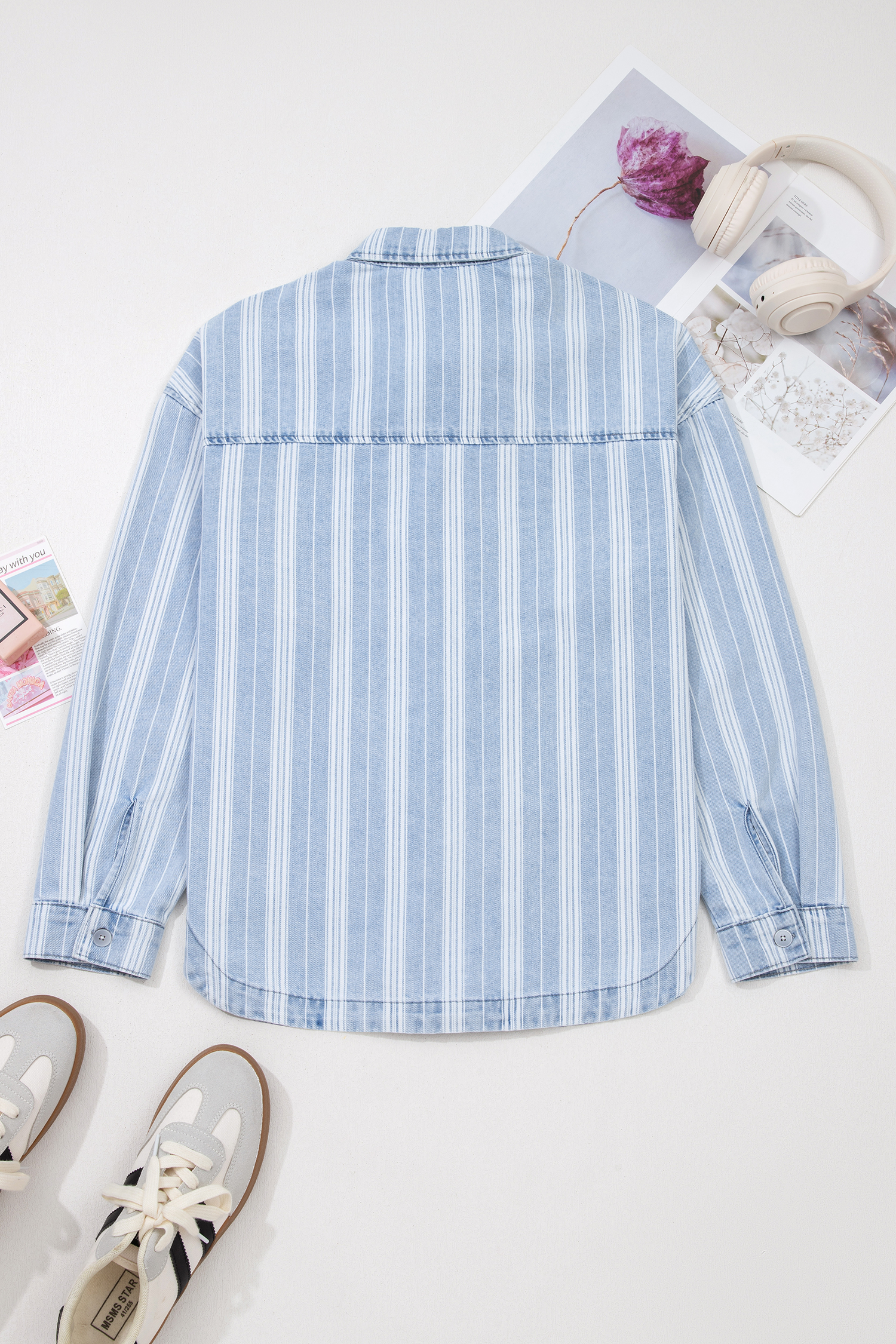 Sky Blue Stripe Boyfriend Chest Pocket Classic Denim Shacket view 12