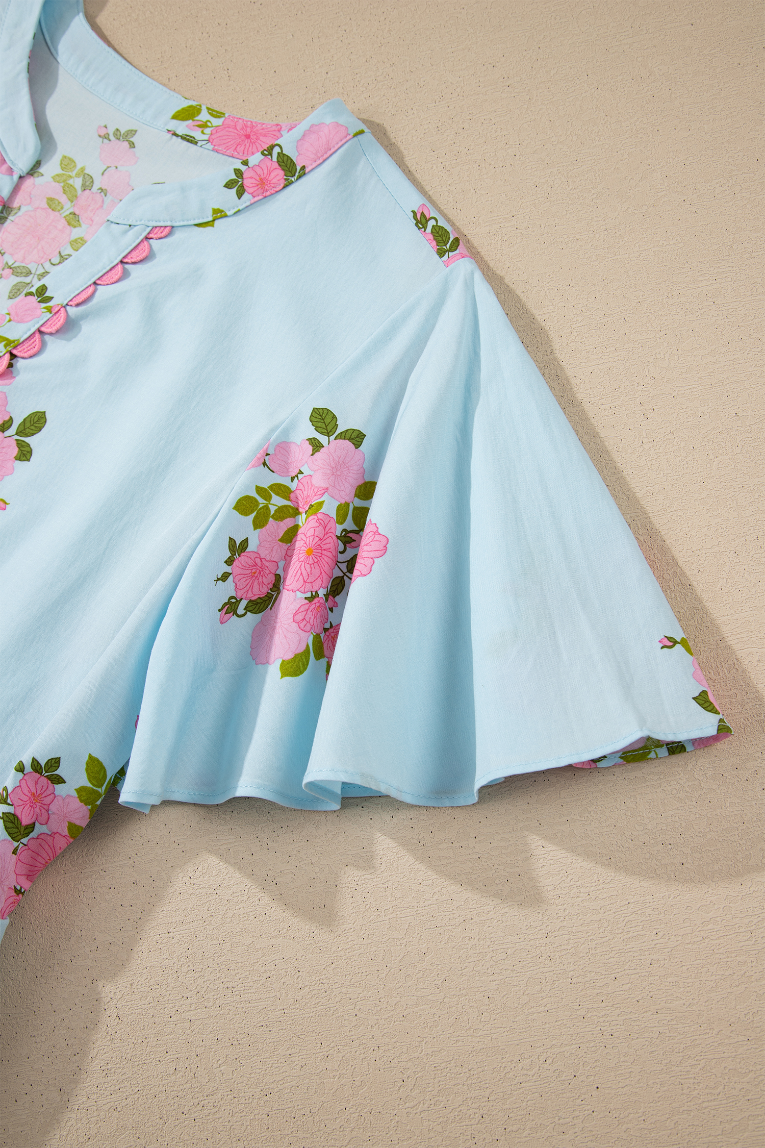 Sky Blue Notched Neck Flutter Short Sleeve Floral Print Maxi Dress view 24