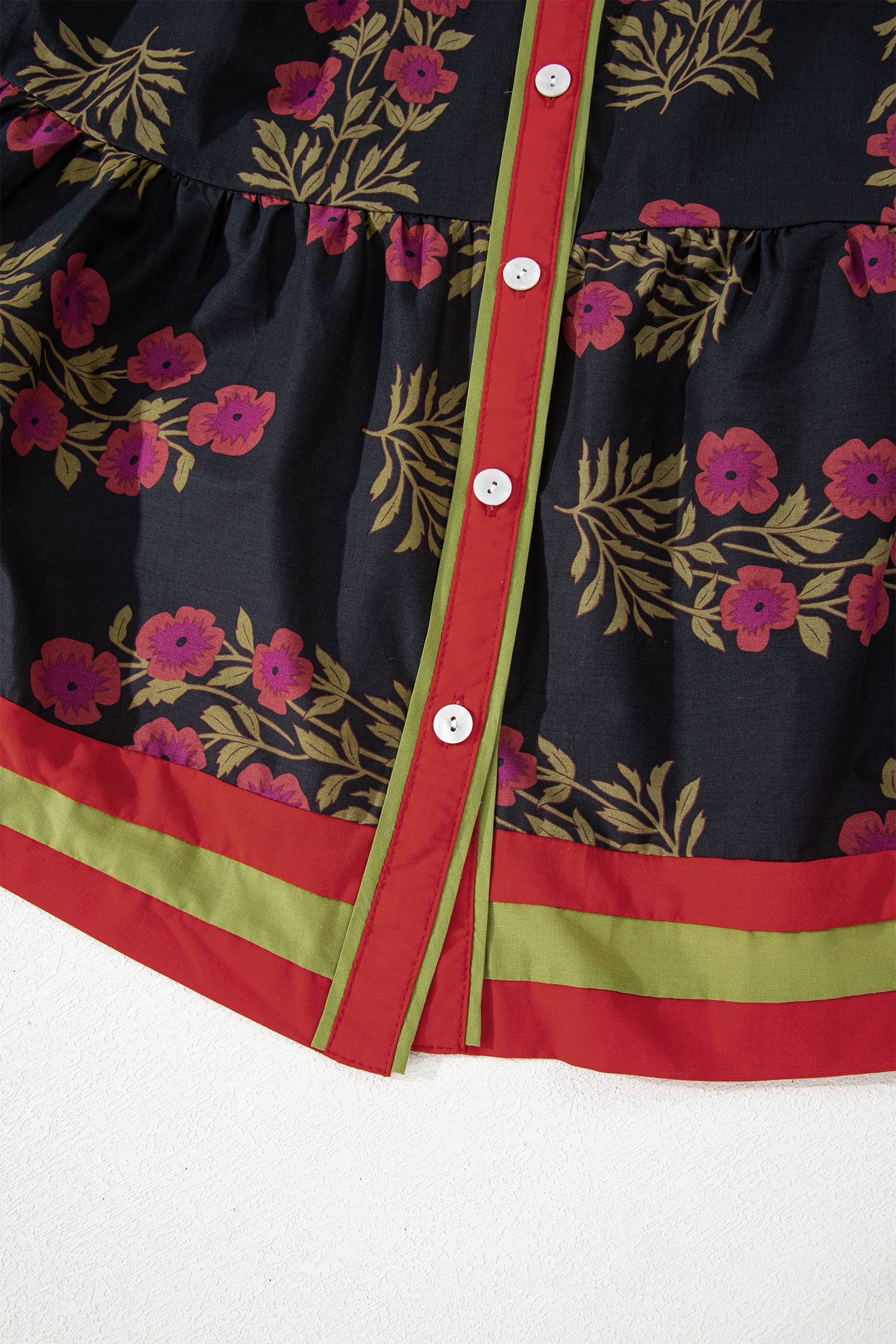 Black Retro Floral Print Button Down Belted Short Puff Sleeve Mini Dress view 15