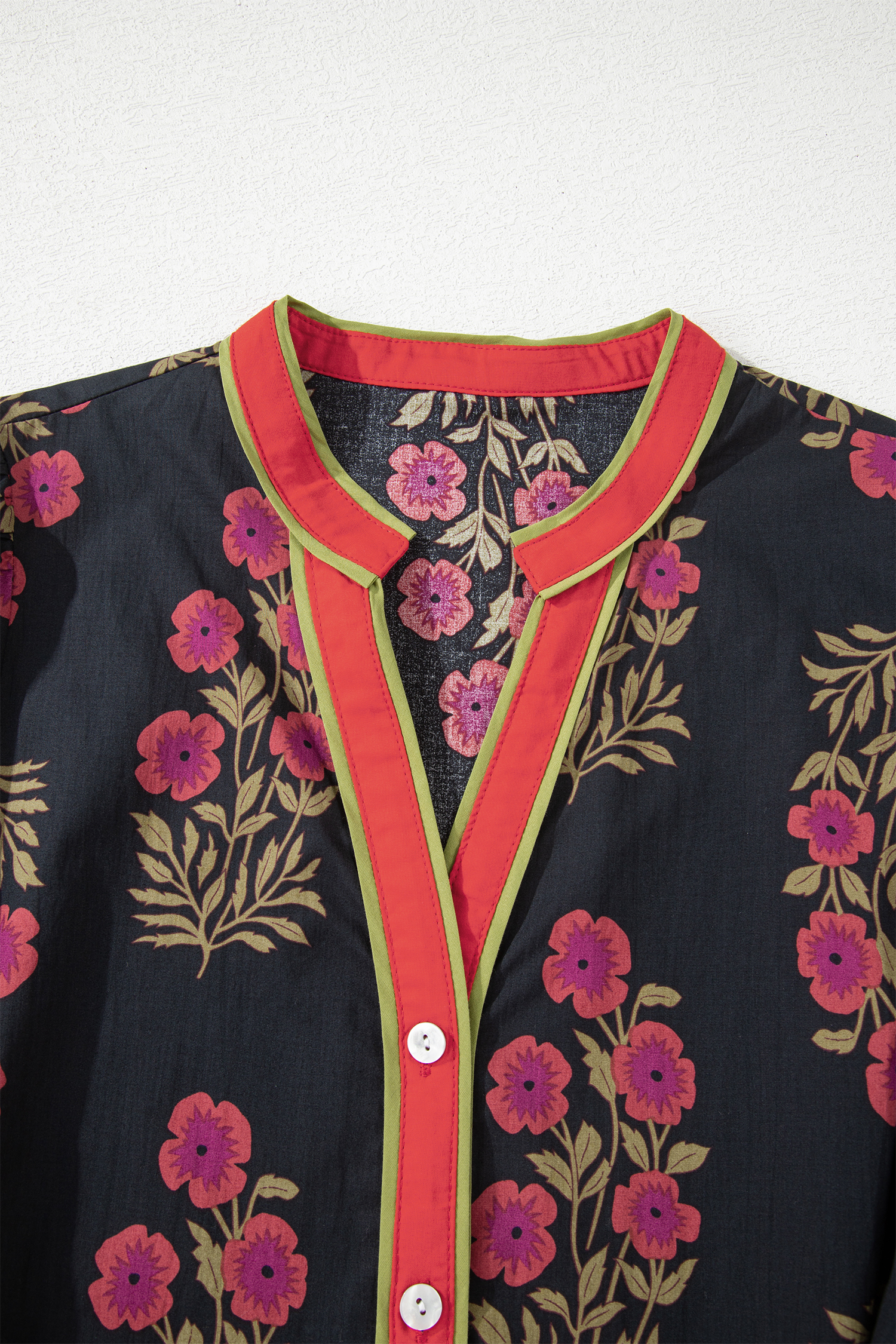 Black Retro Floral Print Button Down Belted Short Puff Sleeve Mini Dress view 11