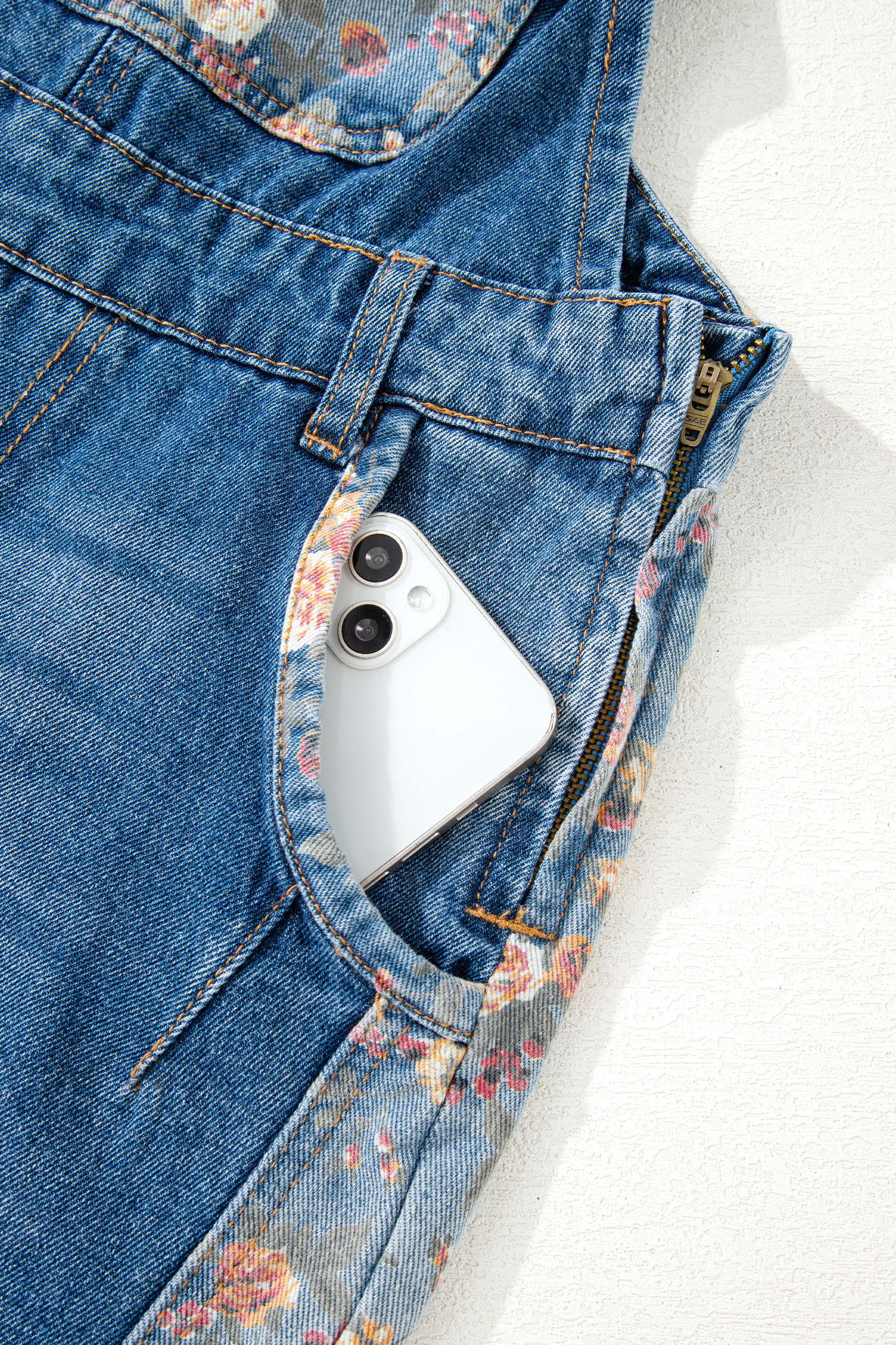 Peacock Blue Floral Patchwork Bib Denim Wide Leg Overalls